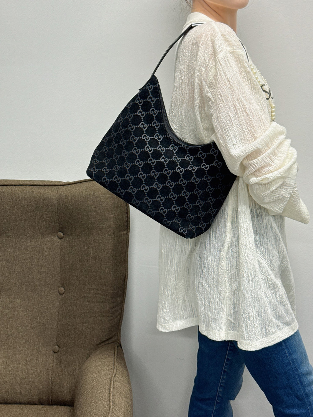 GUCCI Suede Shoulder Hobo Bag
