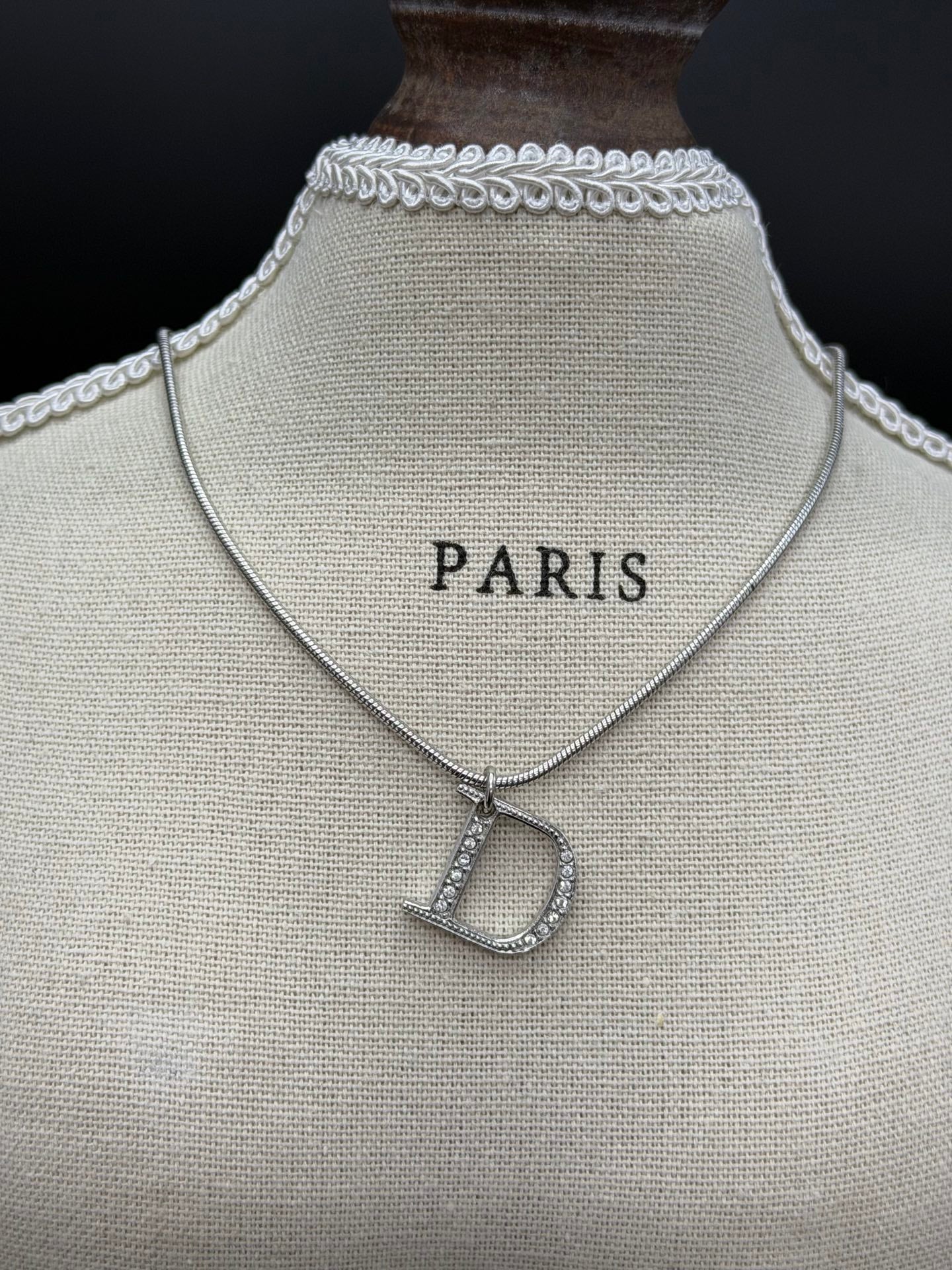 CHRISITIAN DIOR D Logo Rhinestone Necklace