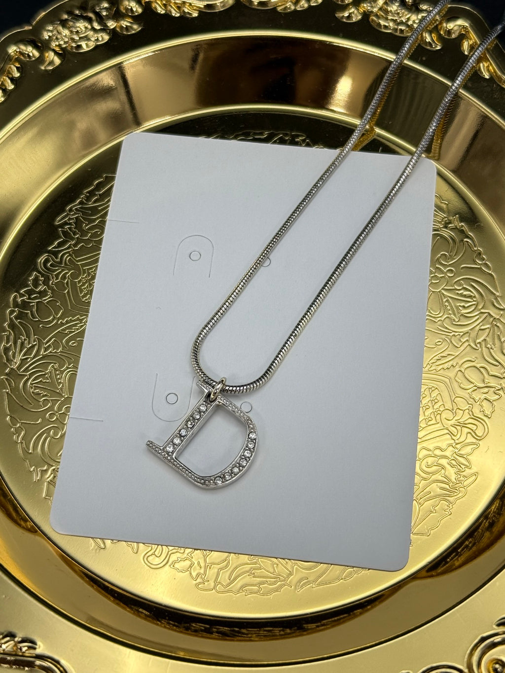 CHRISITIAN DIOR D Logo Rhinestone Necklace