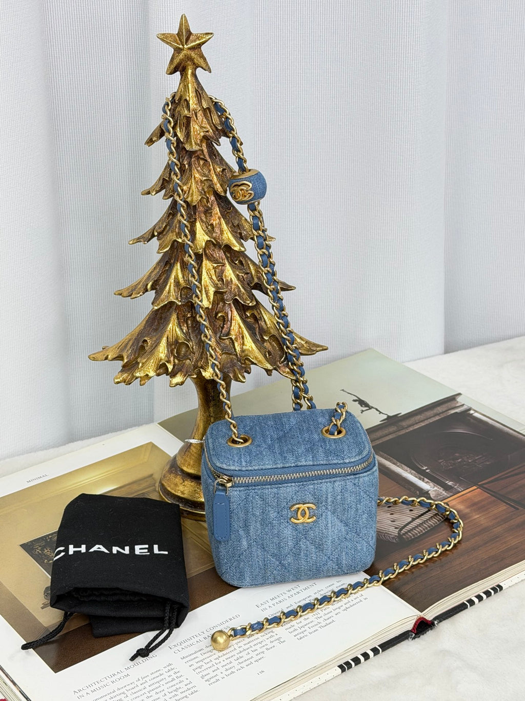 CHANEL Mini Square Denim Vanity Bag Logo with Pearl Crush