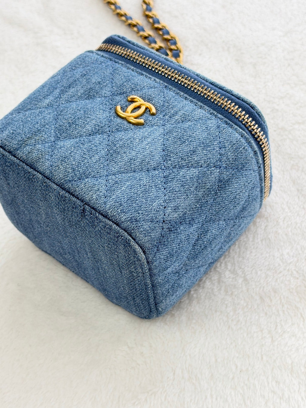 CHANEL Mini Square Denim Vanity Bag Logo with Pearl Crush