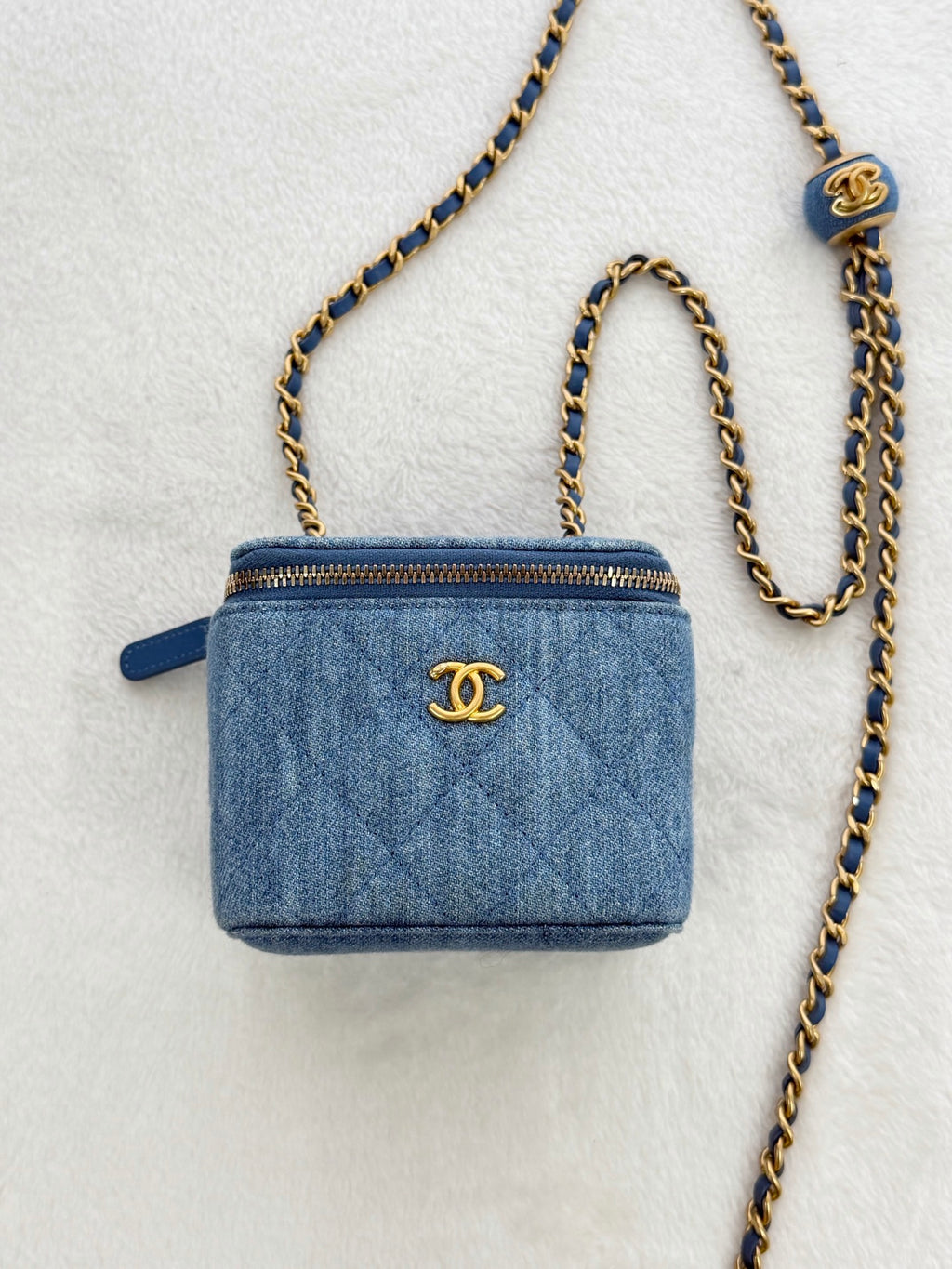 CHANEL Mini Square Denim Vanity Bag Logo with Pearl Crush