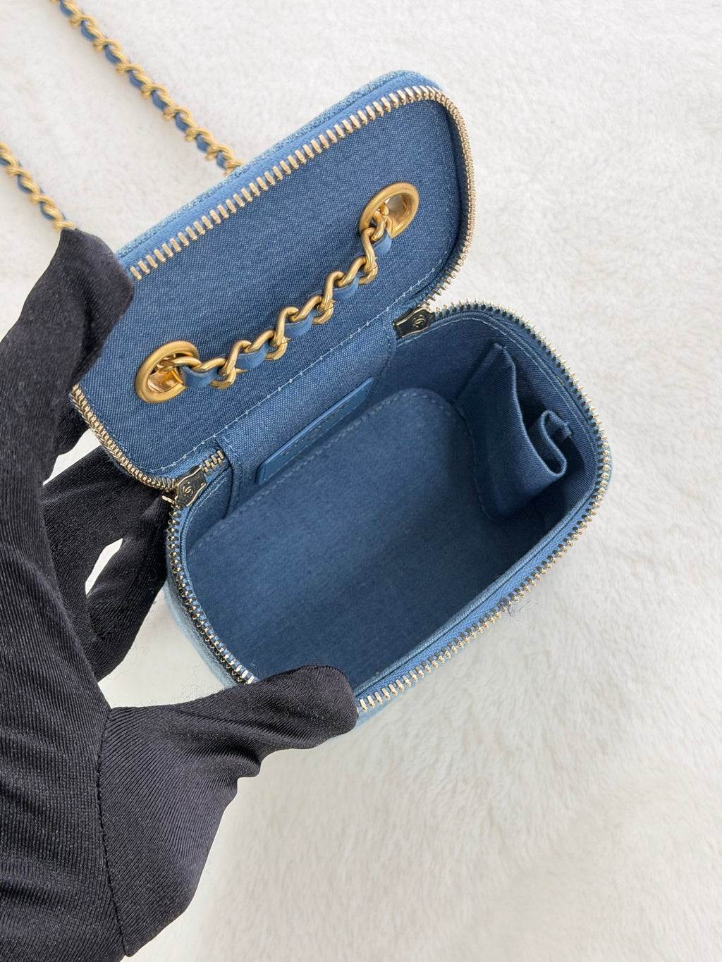 CHANEL Mini Square Denim Vanity Bag Logo with Pearl Crush