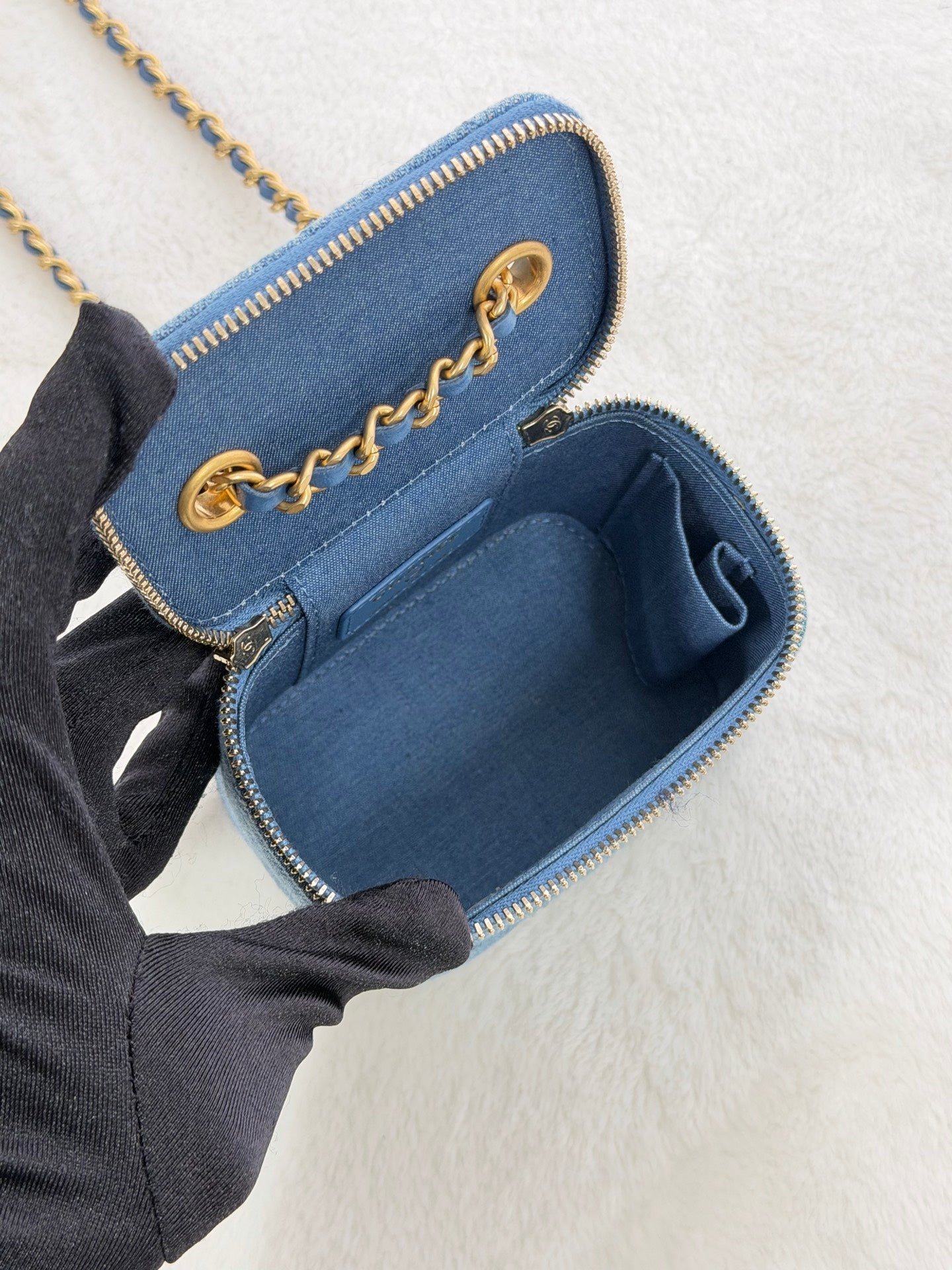 CHANEL Mini Square Denim Vanity Bag Logo with Pearl Crush