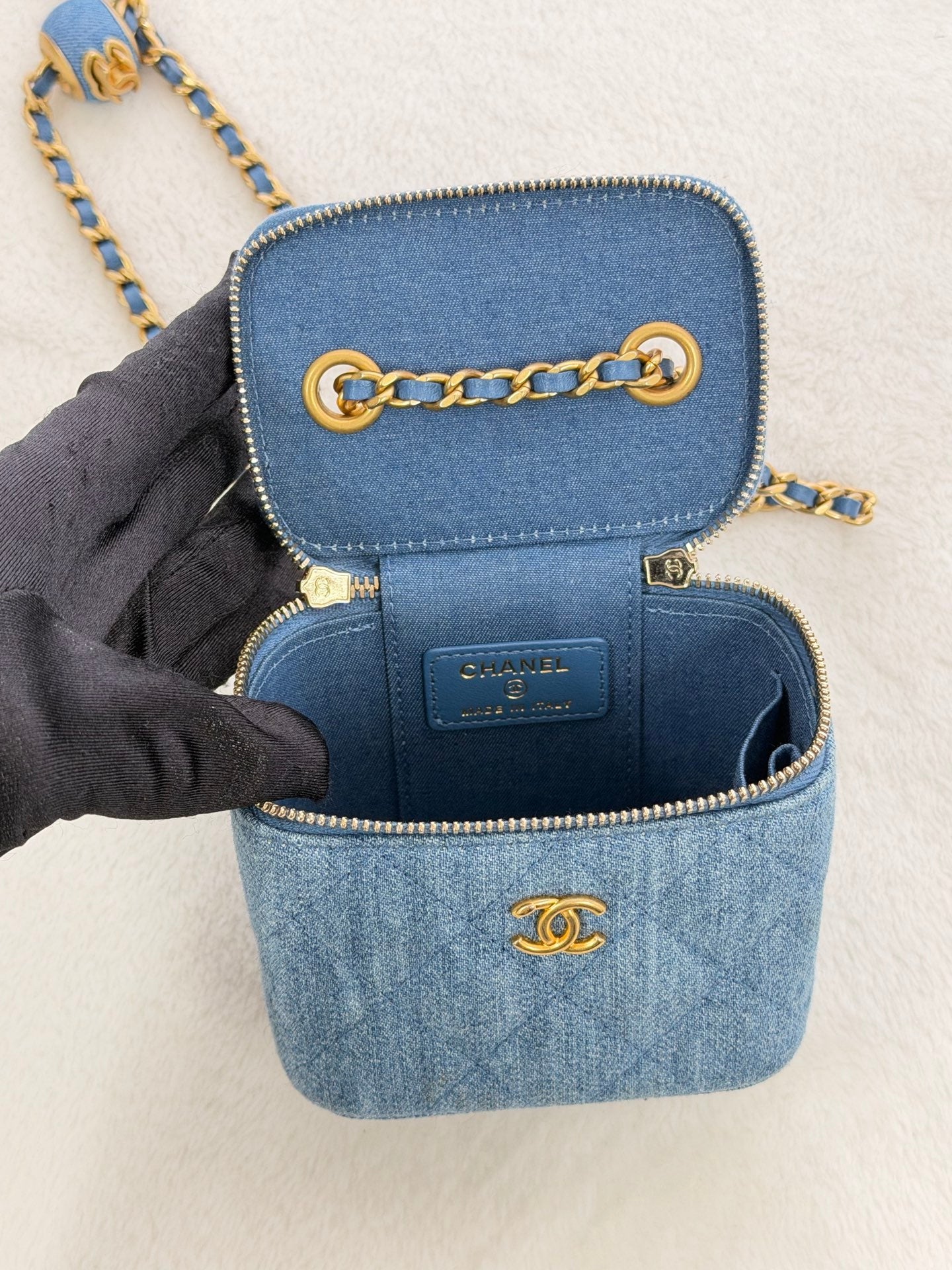 CHANEL Mini Square Denim Vanity Bag Logo with Pearl Crush