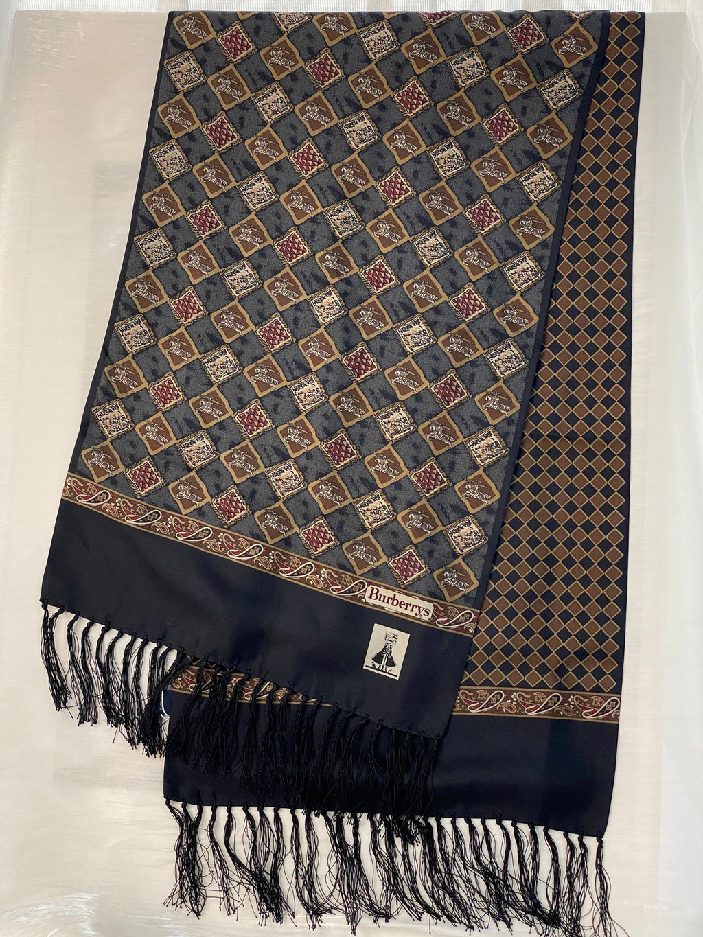 BURBERRY Equestrain Knight Logo Silk Scarf
