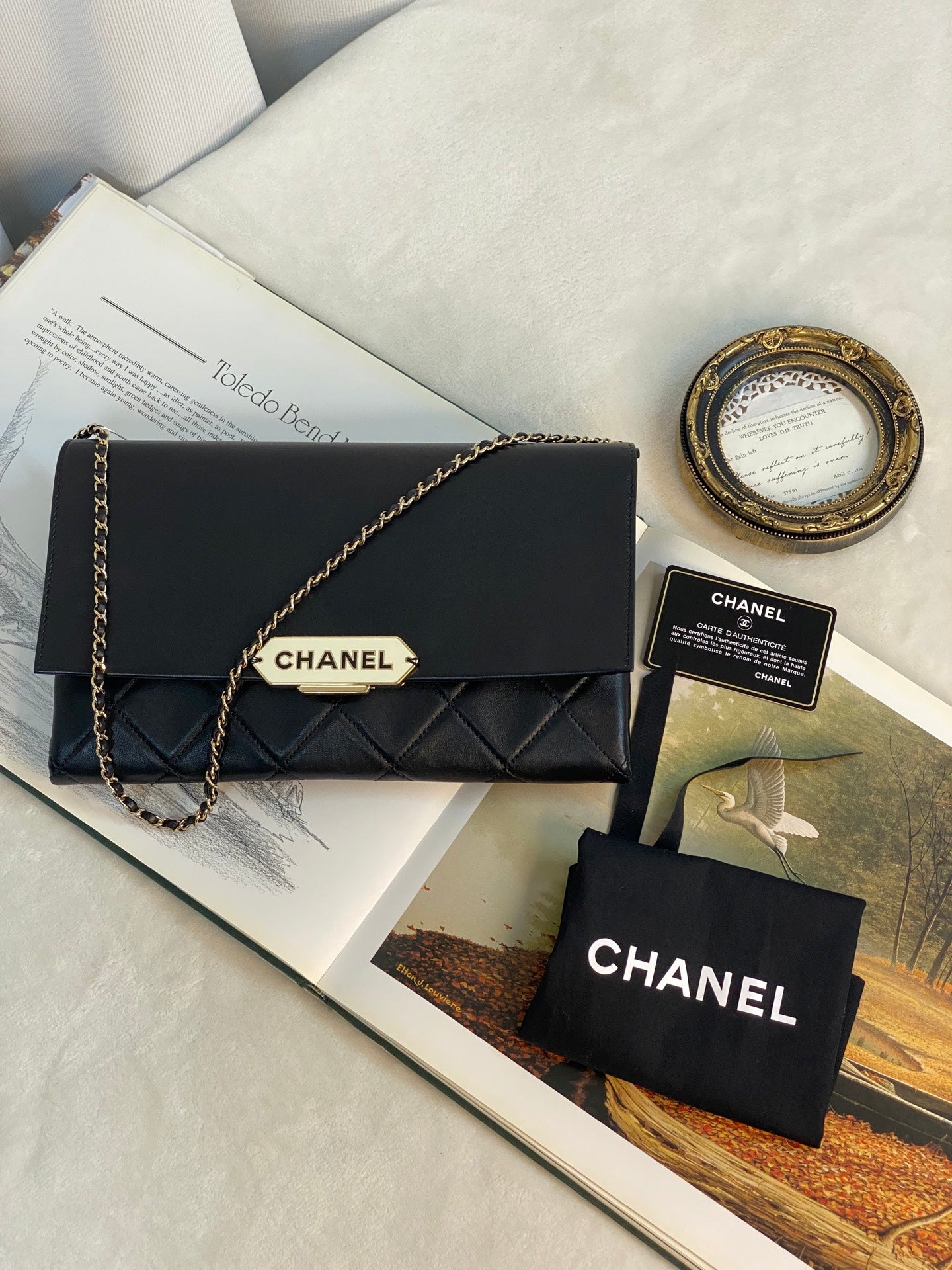 CHANEL Lambskin Enamel Logo Plate Clutch with Chain