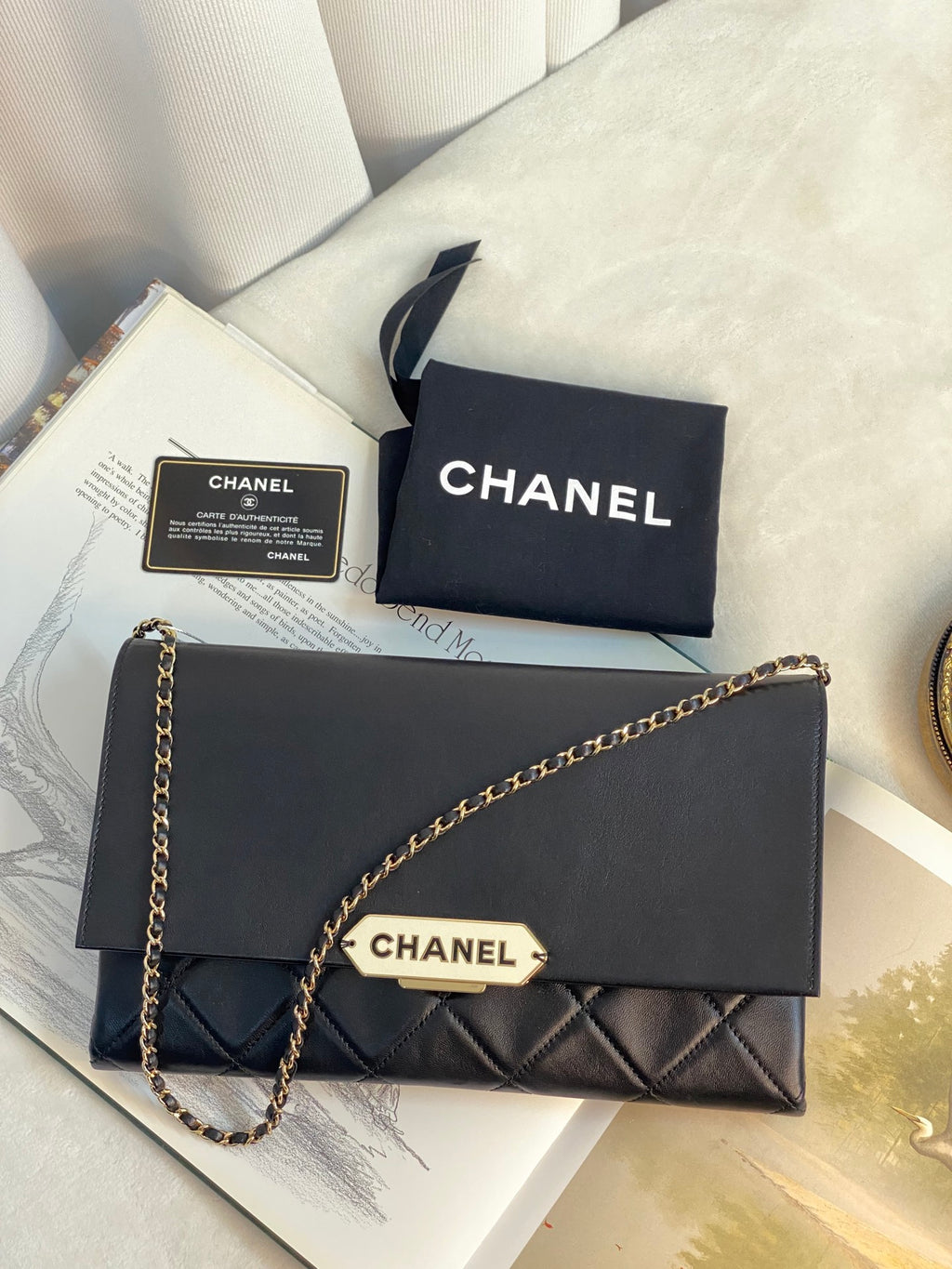 CHANEL Lambskin Enamel Logo Plate Clutch with Chain