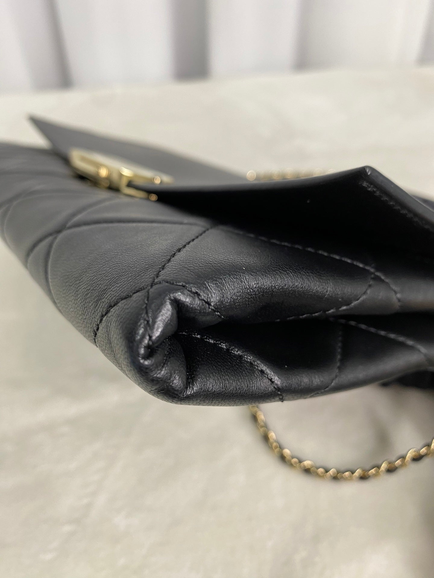 CHANEL Lambskin Enamel Logo Plate Clutch with Chain