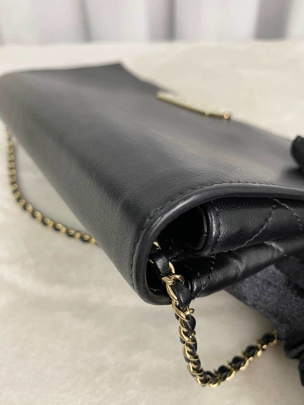 CHANEL Lambskin Enamel Logo Plate Clutch with Chain