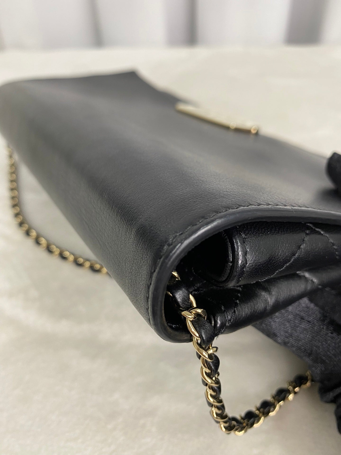 CHANEL Lambskin Enamel Logo Plate Clutch with Chain