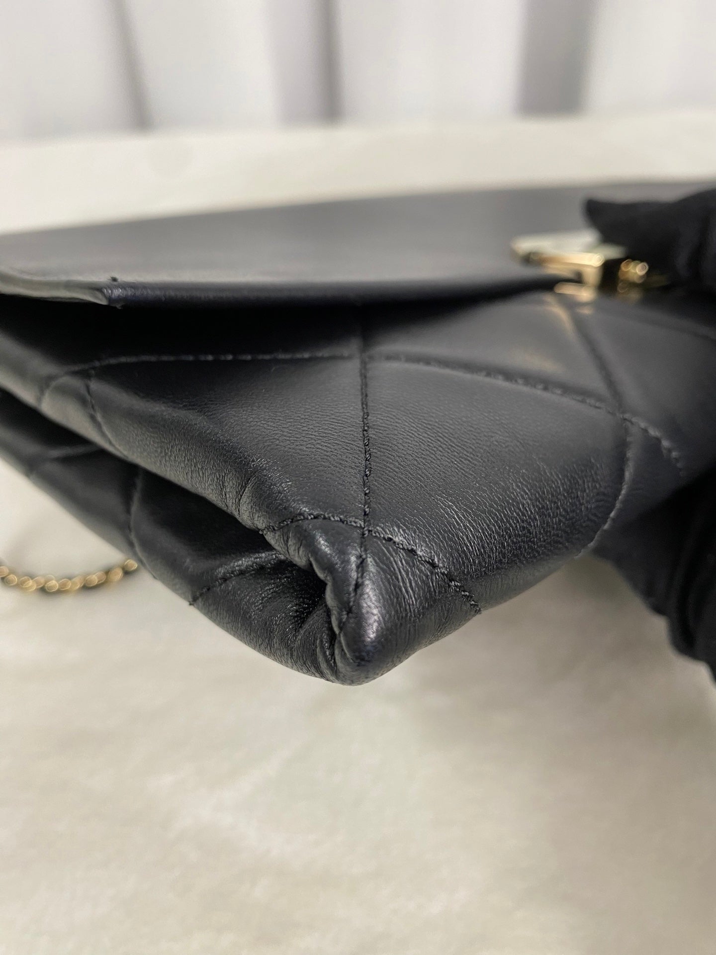 CHANEL Lambskin Enamel Logo Plate Clutch with Chain