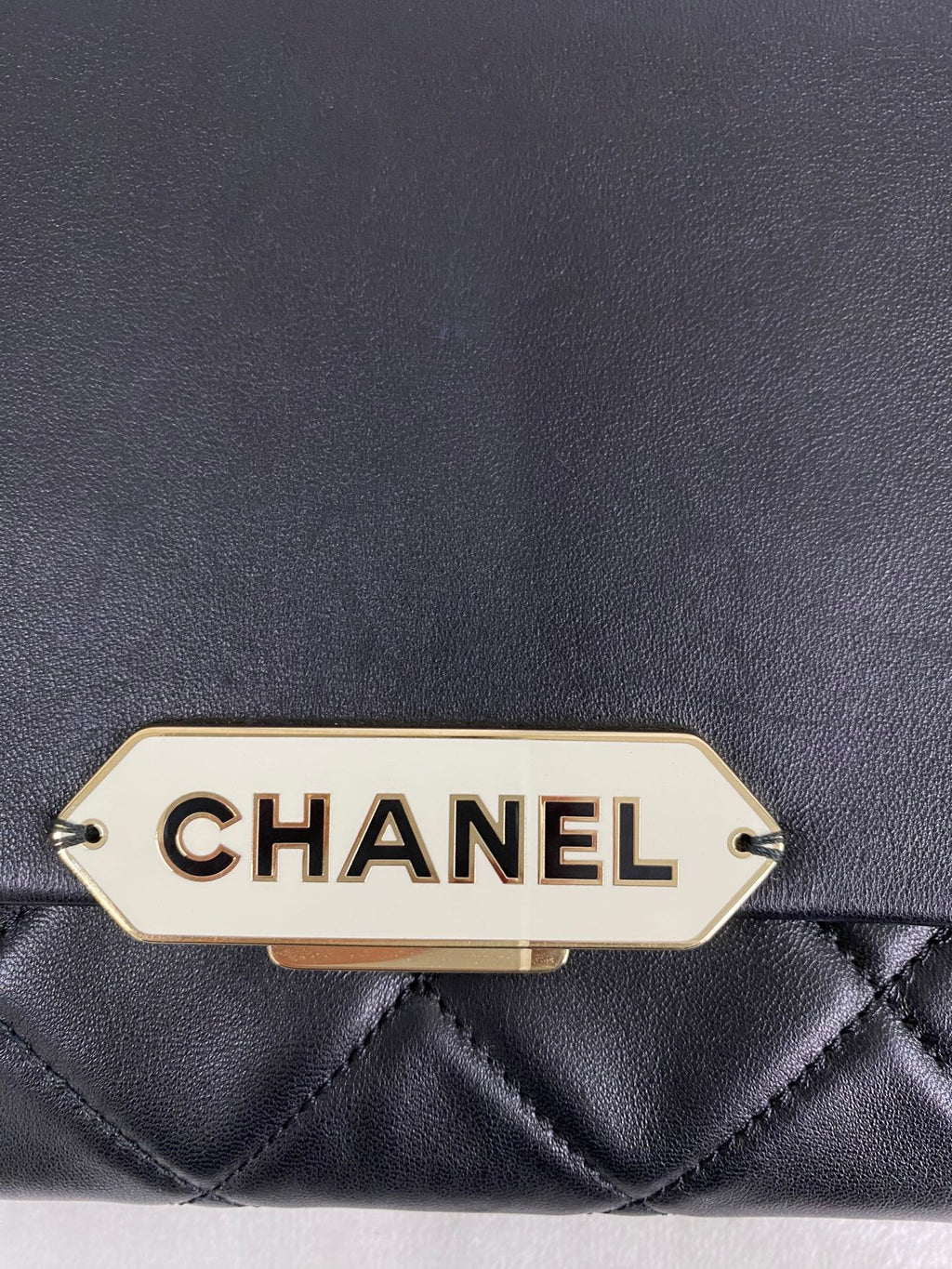 CHANEL Lambskin Enamel Logo Plate Clutch with Chain