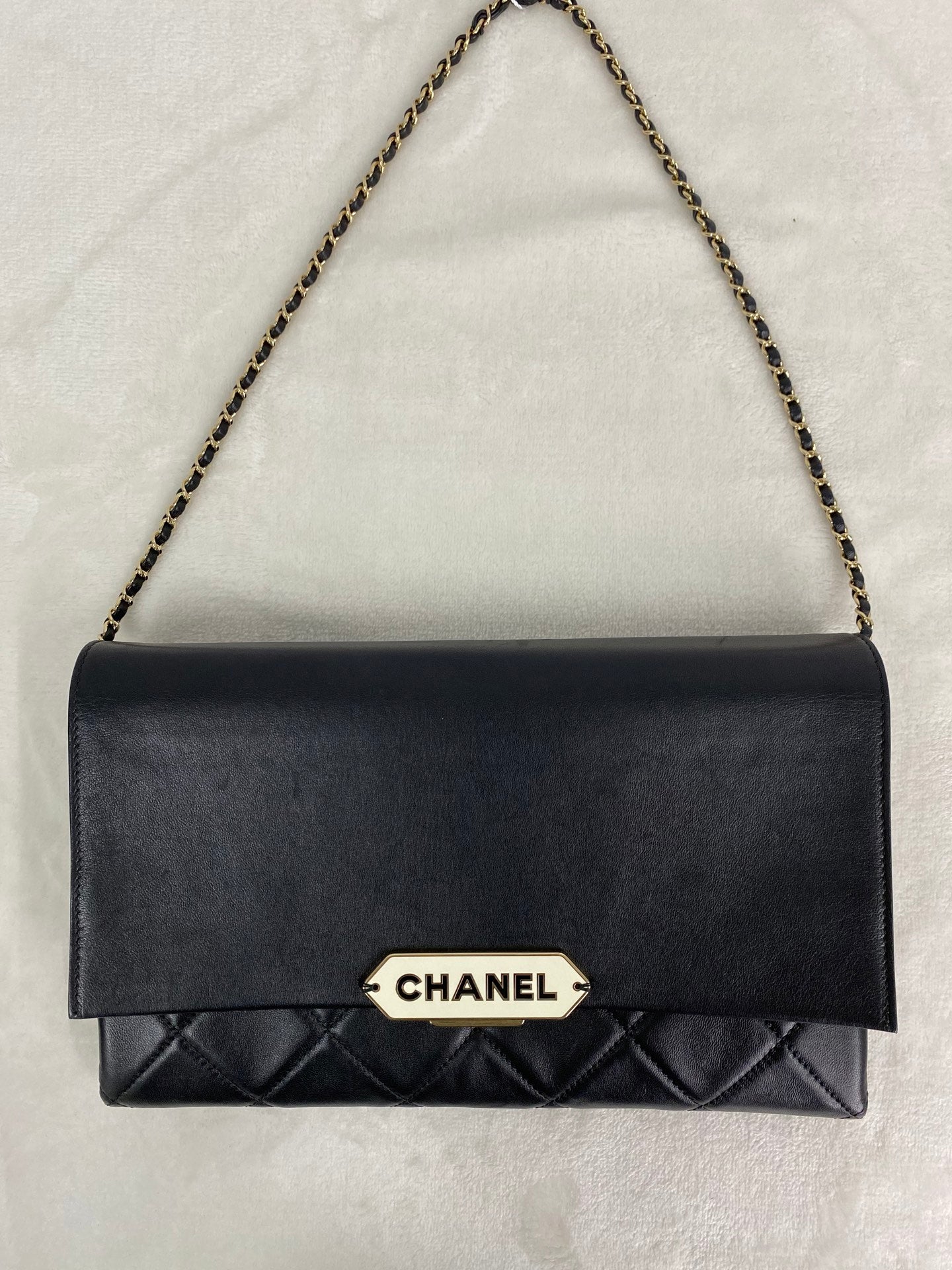 CHANEL Lambskin Enamel Logo Plate Clutch with Chain