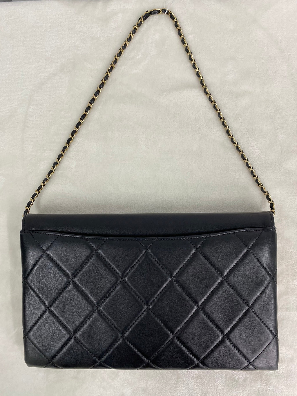 CHANEL Lambskin Enamel Logo Plate Clutch with Chain