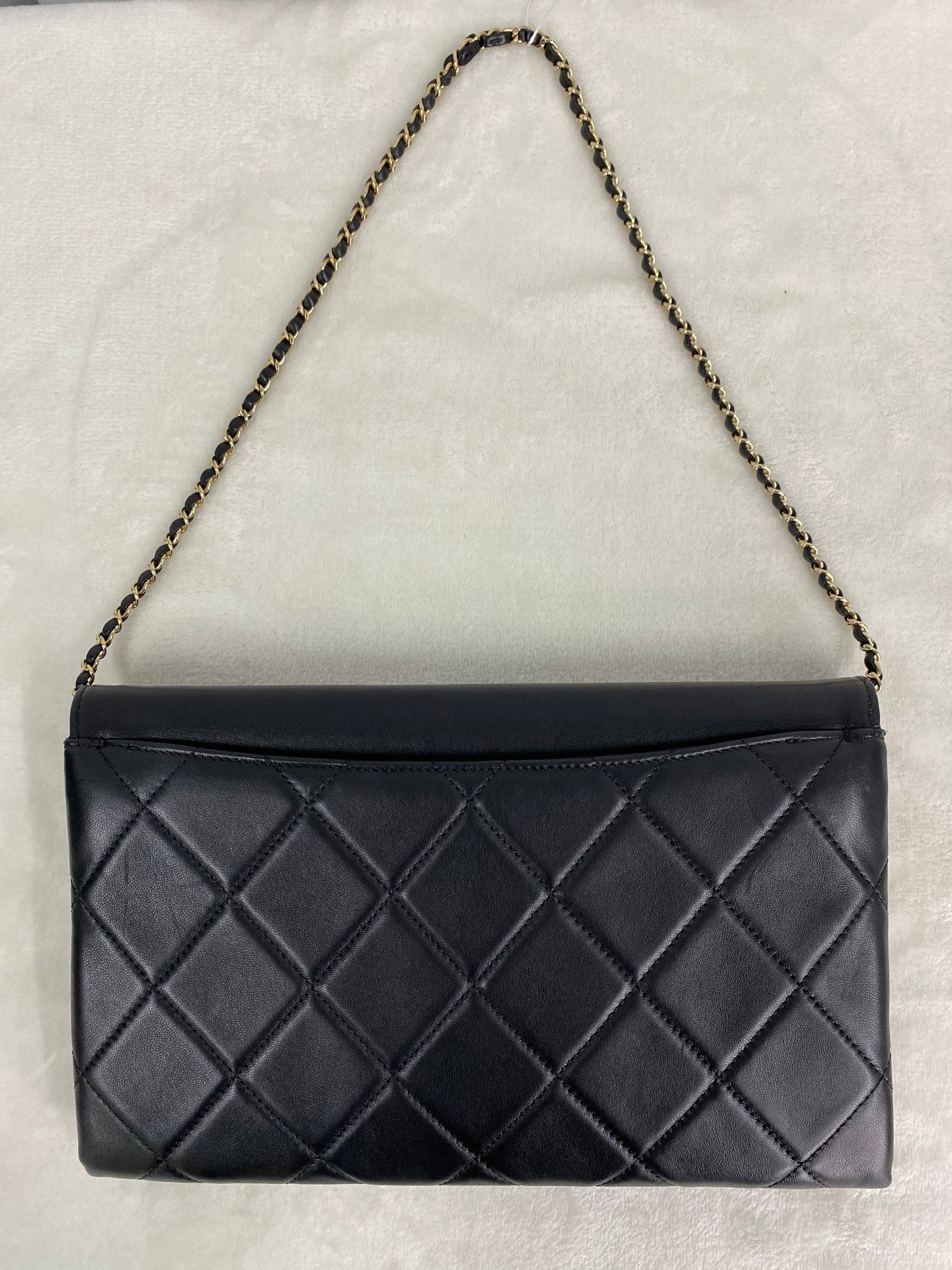 CHANEL Lambskin Enamel Logo Plate Clutch with Chain