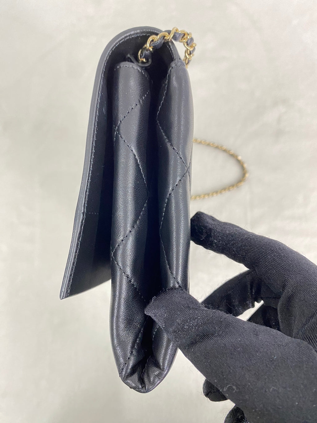 CHANEL Lambskin Enamel Logo Plate Clutch with Chain