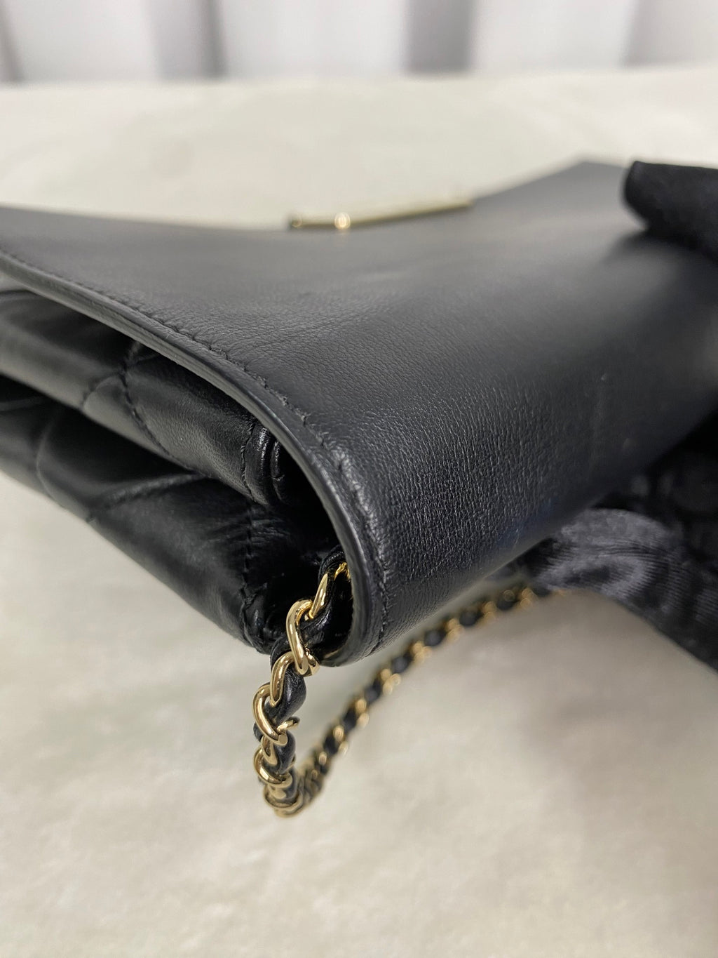 CHANEL Lambskin Enamel Logo Plate Clutch with Chain