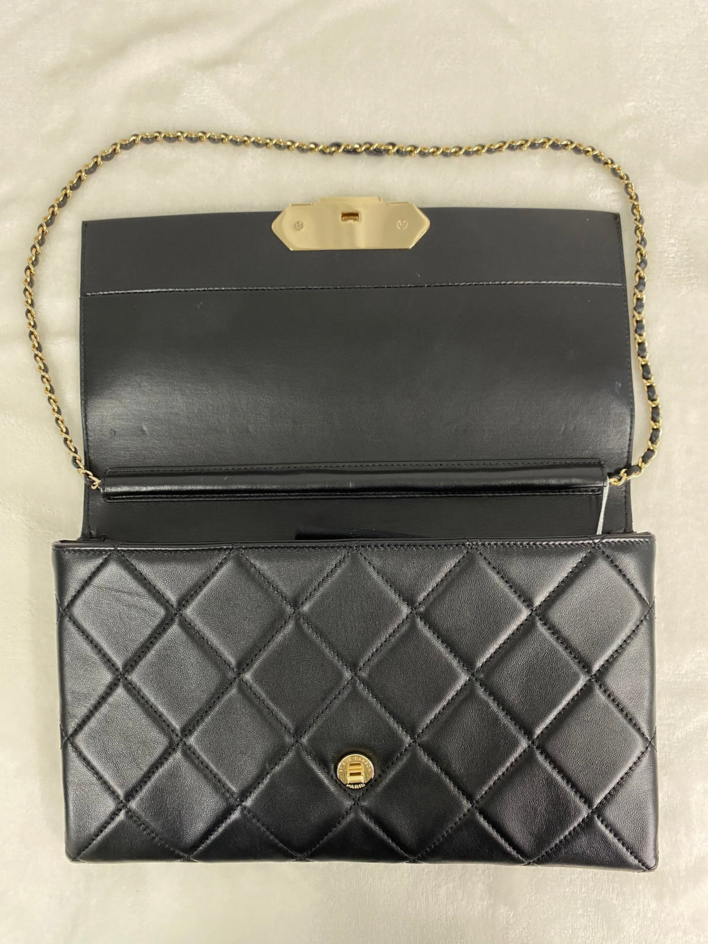 CHANEL Lambskin Enamel Logo Plate Clutch with Chain