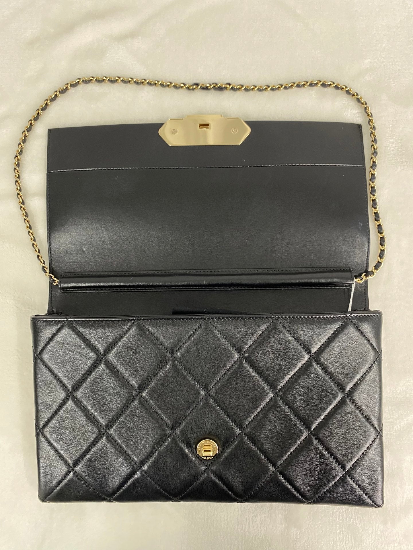 CHANEL Lambskin Enamel Logo Plate Clutch with Chain