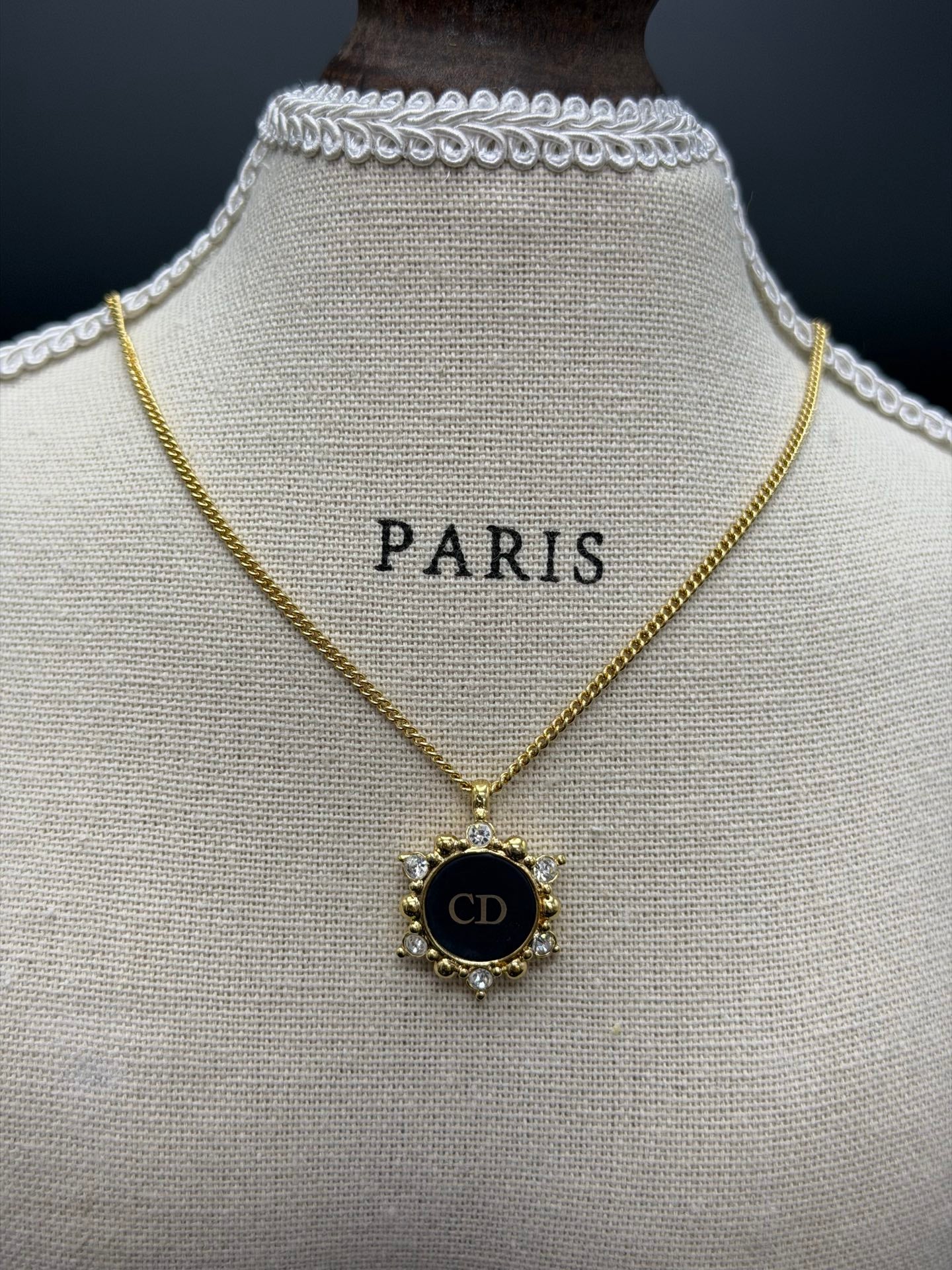 CHRISTIAN DIOR Rheinstone Hexagon CD Logo  Necklace
