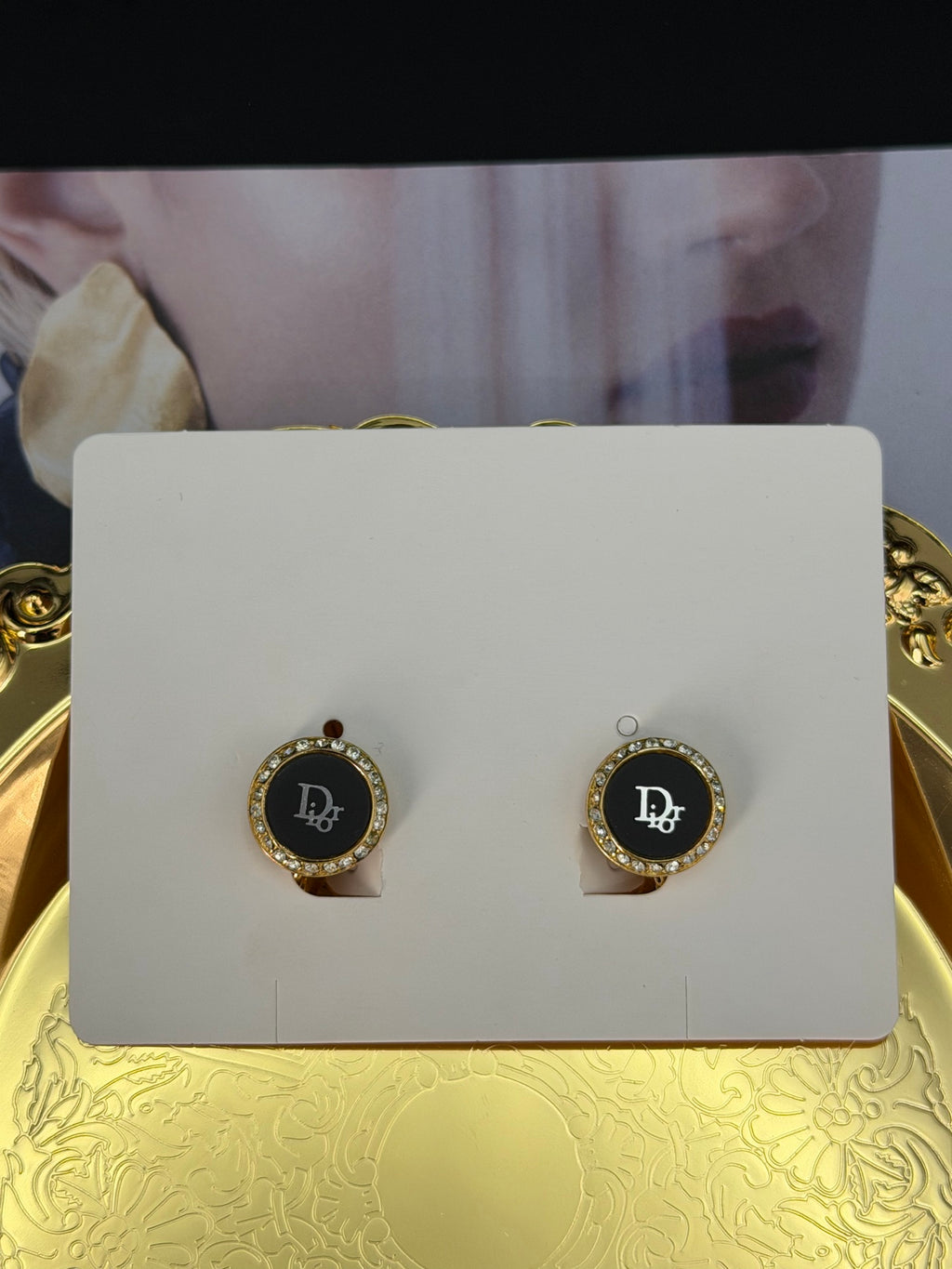CHRISTIAN DIOR CD Logo Black Round Clip-on Earrings