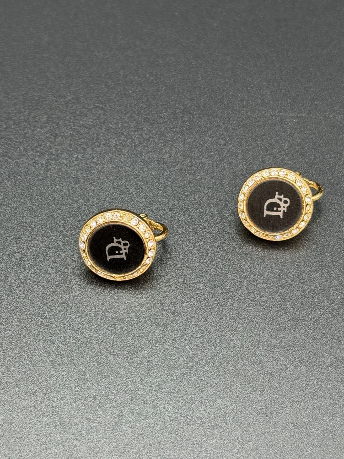 CHRISTIAN DIOR CD Logo Black Round Clip-on Earrings