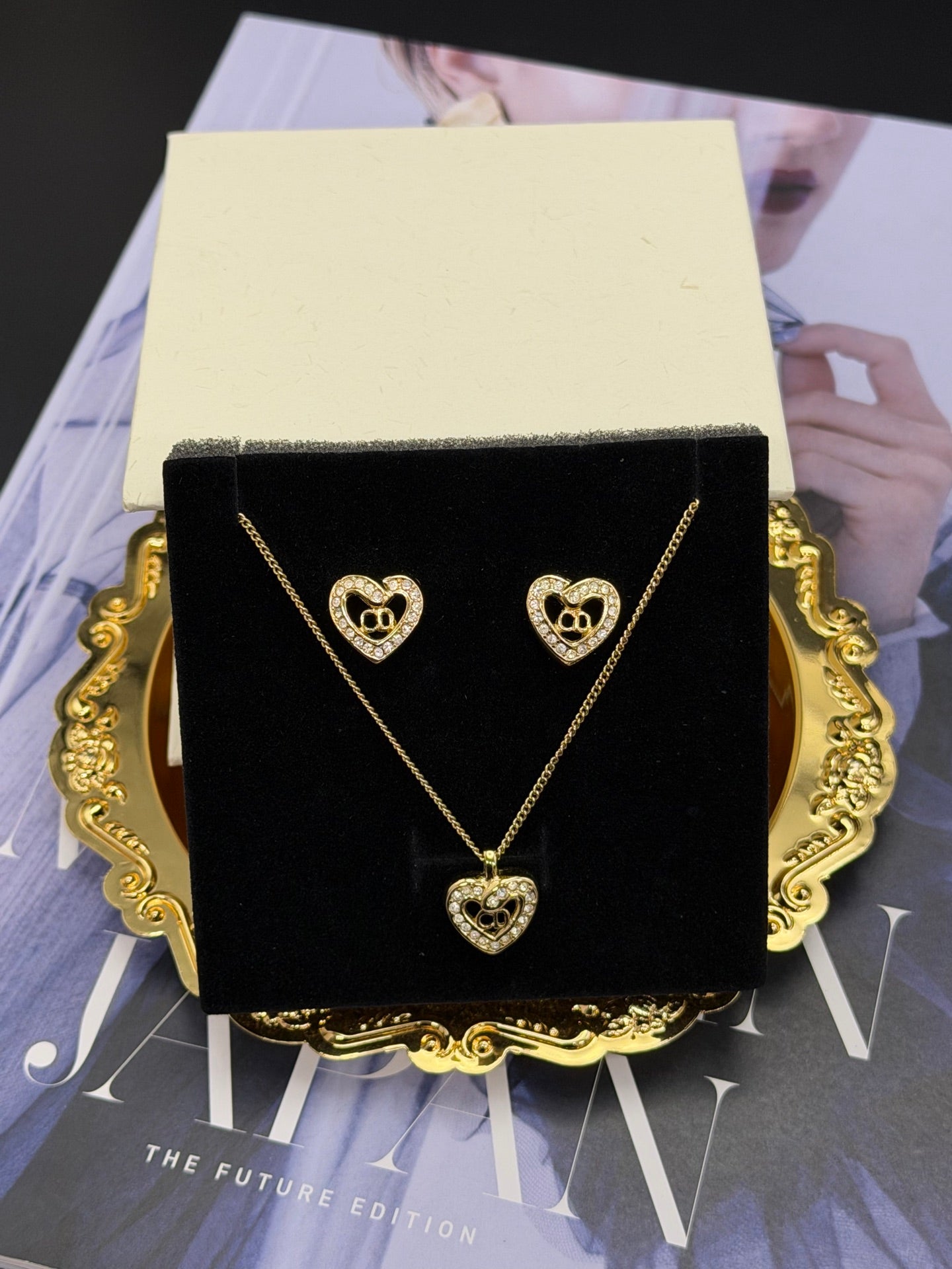 Christian Dior Heart-shaped Clip on Earring and Nacklace Set