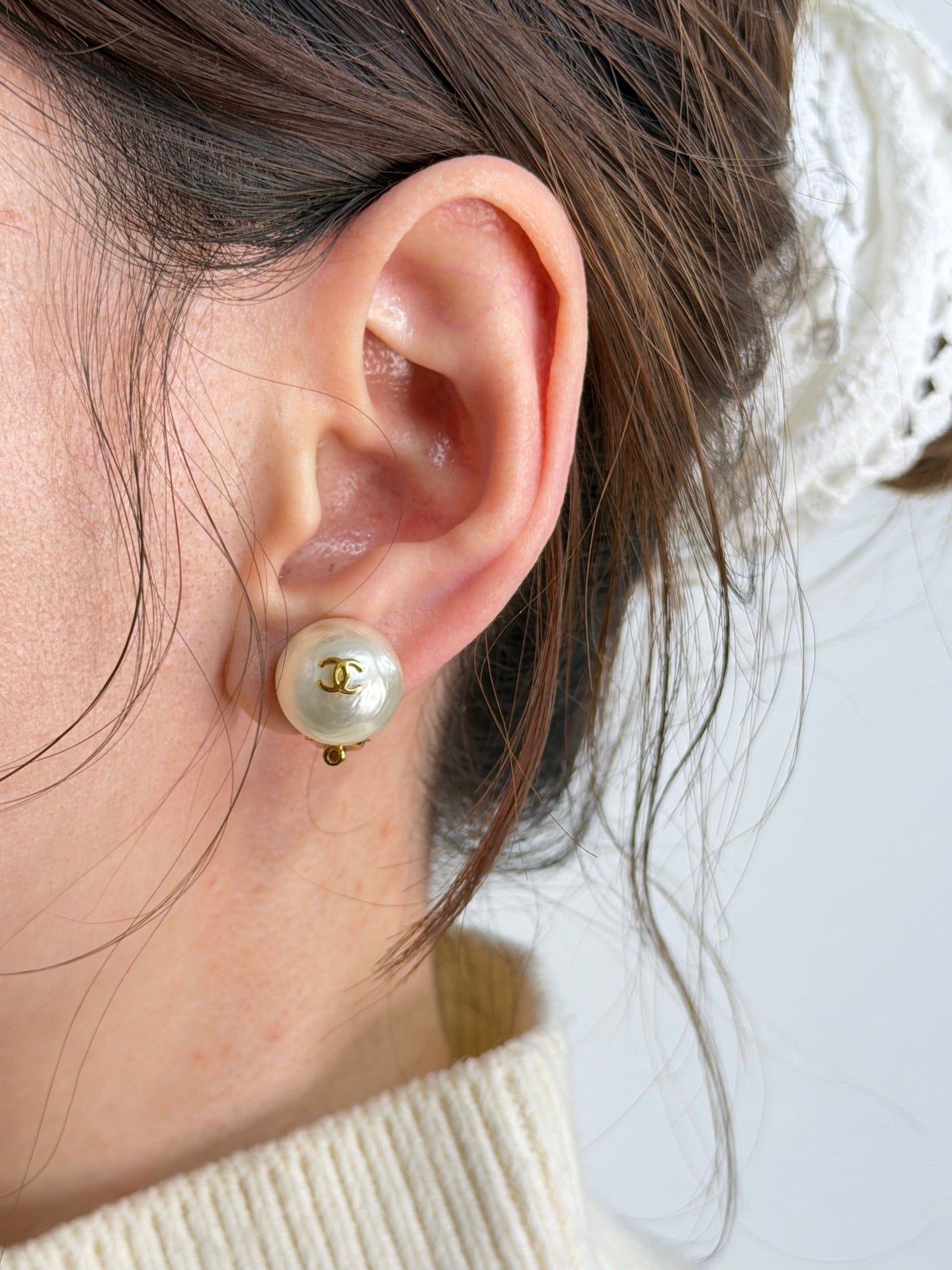 CHANEL Double-C Logo Pearl Clip On Earrings