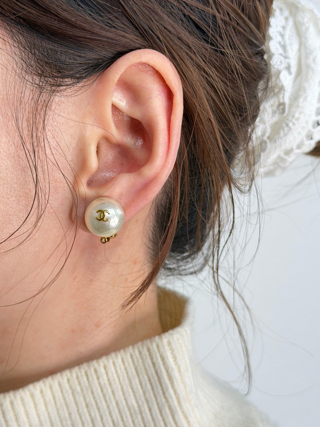 CHANEL Double-C Logo Pearl Clip On Earrings