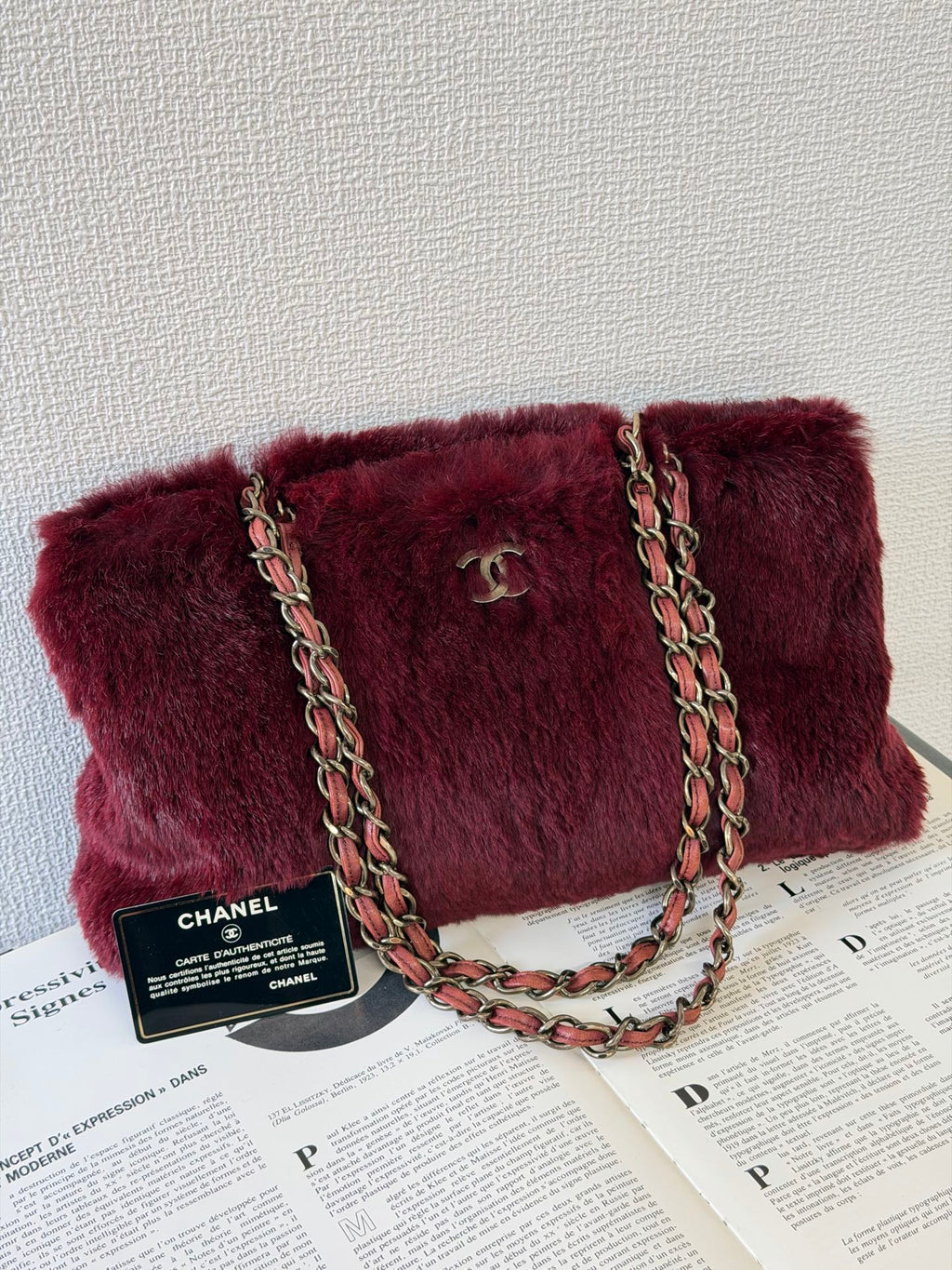 CHANEL Burgundy Fur Totebag