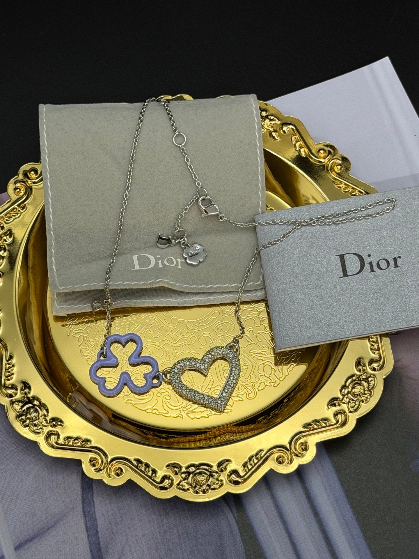 CHRISTIAN DIOR Heart Clover Pendant Necklace