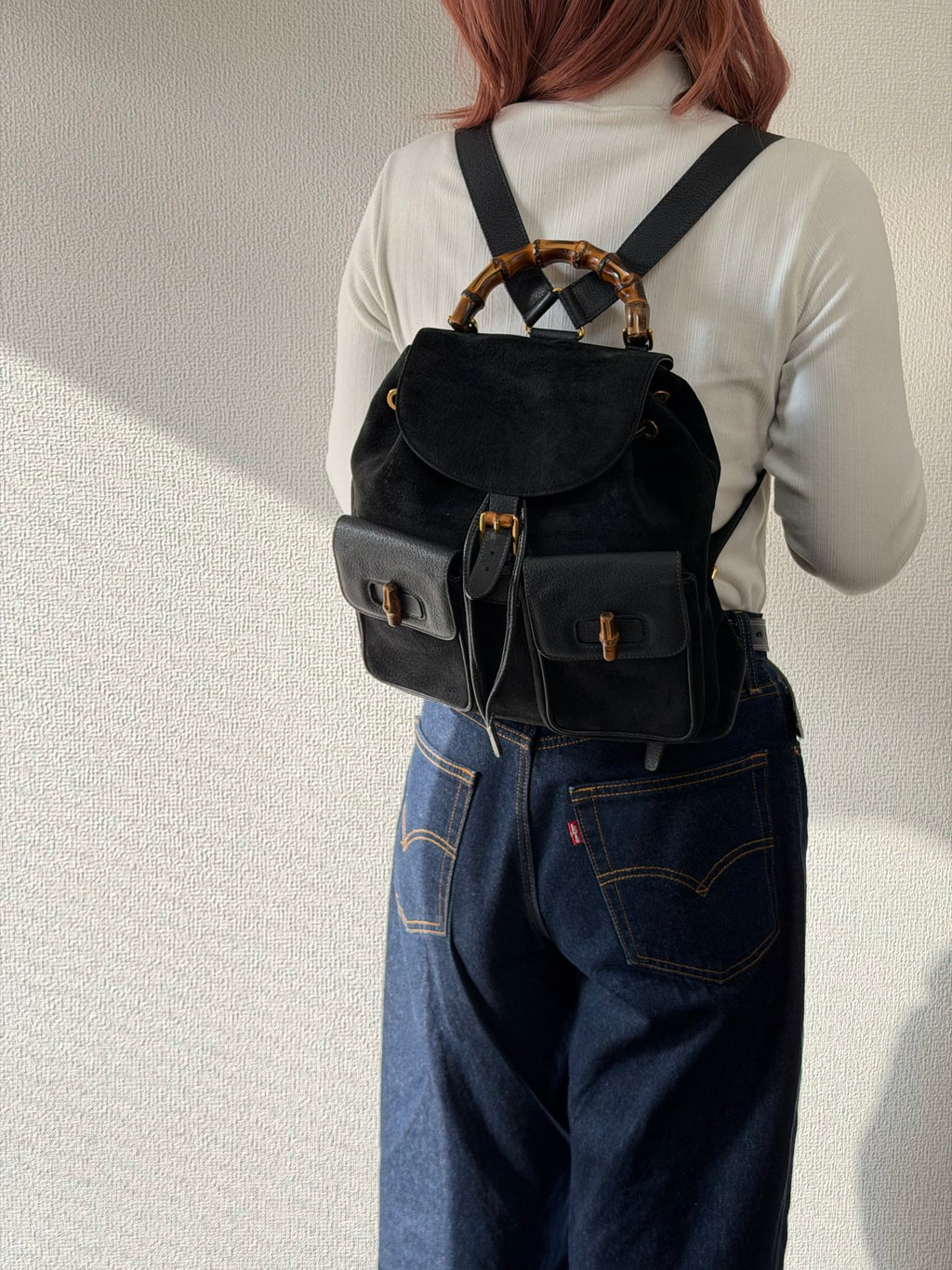 GUCCI Bamboo Handle Suede Backpack