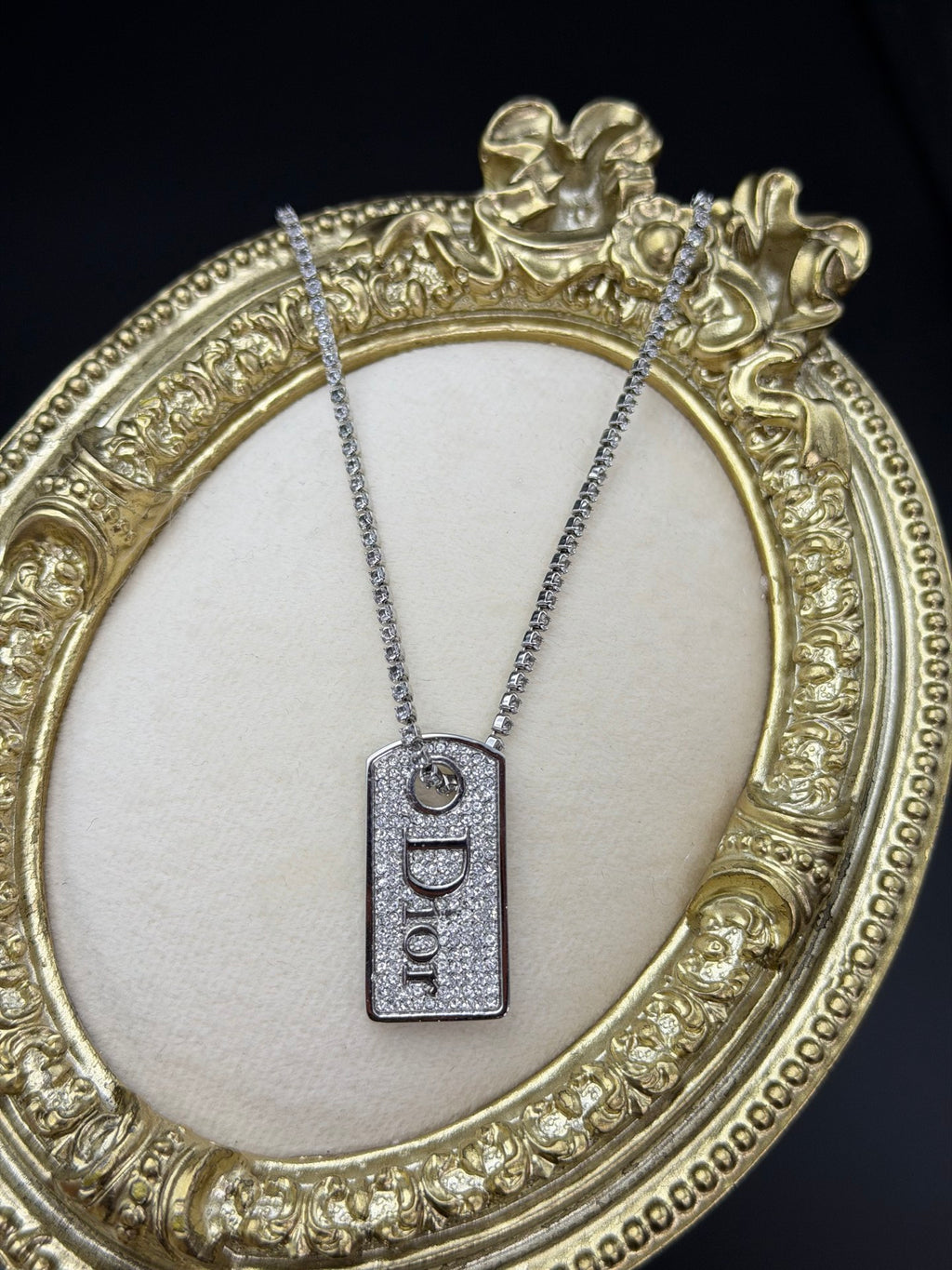 CHRISTIAN DIOR Logo Label Rhinestone Necklace