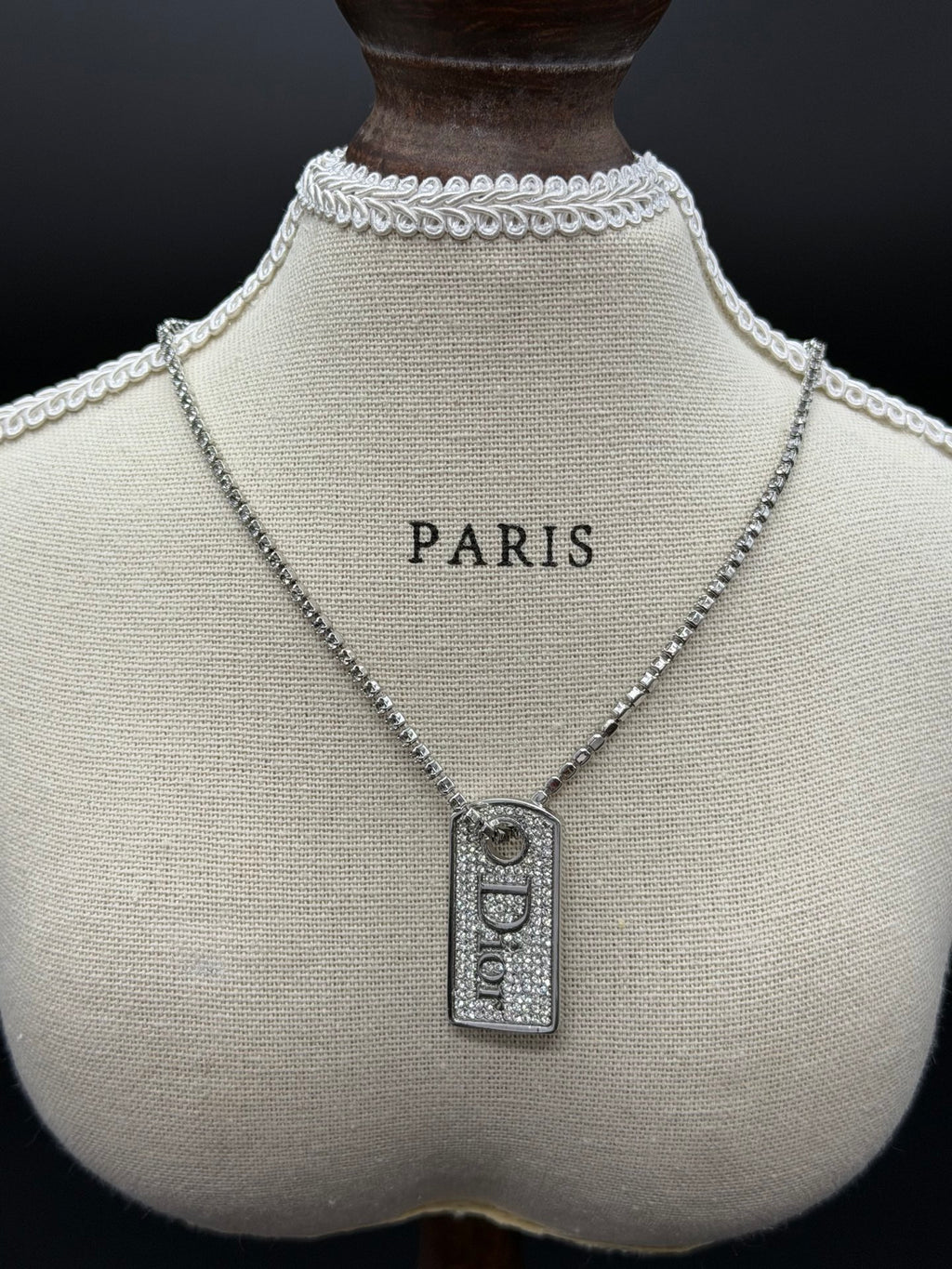 CHRISTIAN DIOR Logo Label Rhinestone Necklace