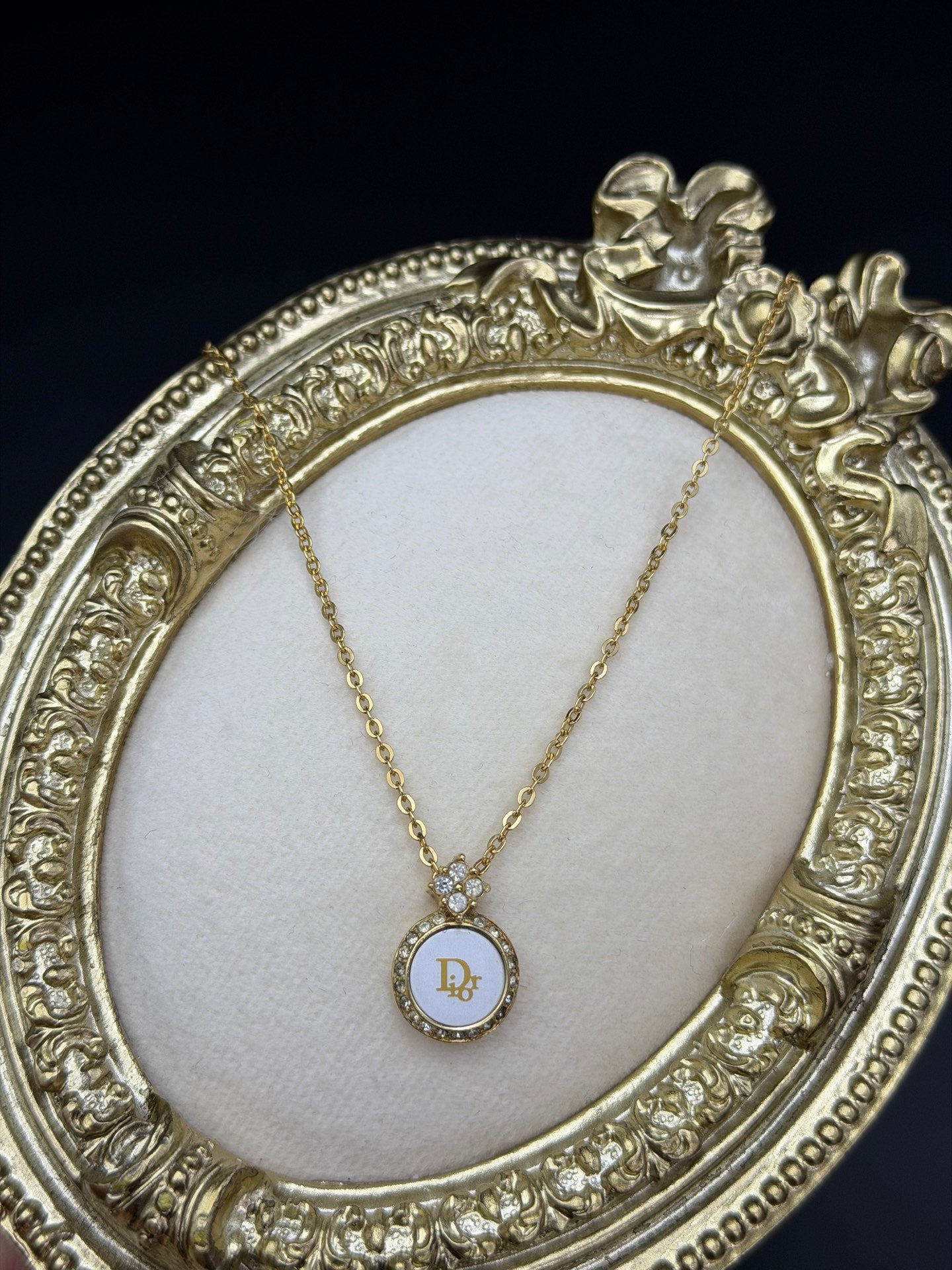 CHRISTIAN DIOR White Disc Rhinestone Necklace