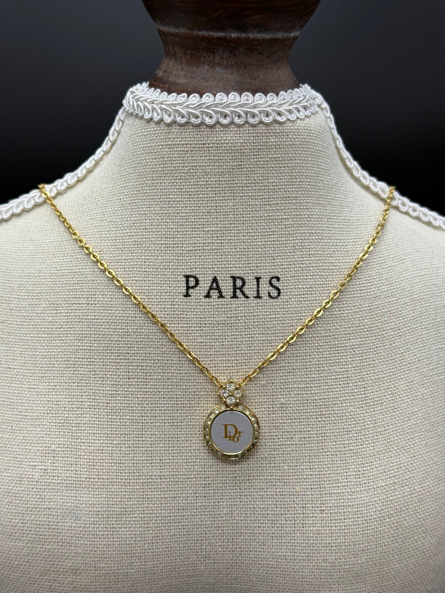 CHRISTIAN DIOR White Disc Rhinestone Necklace