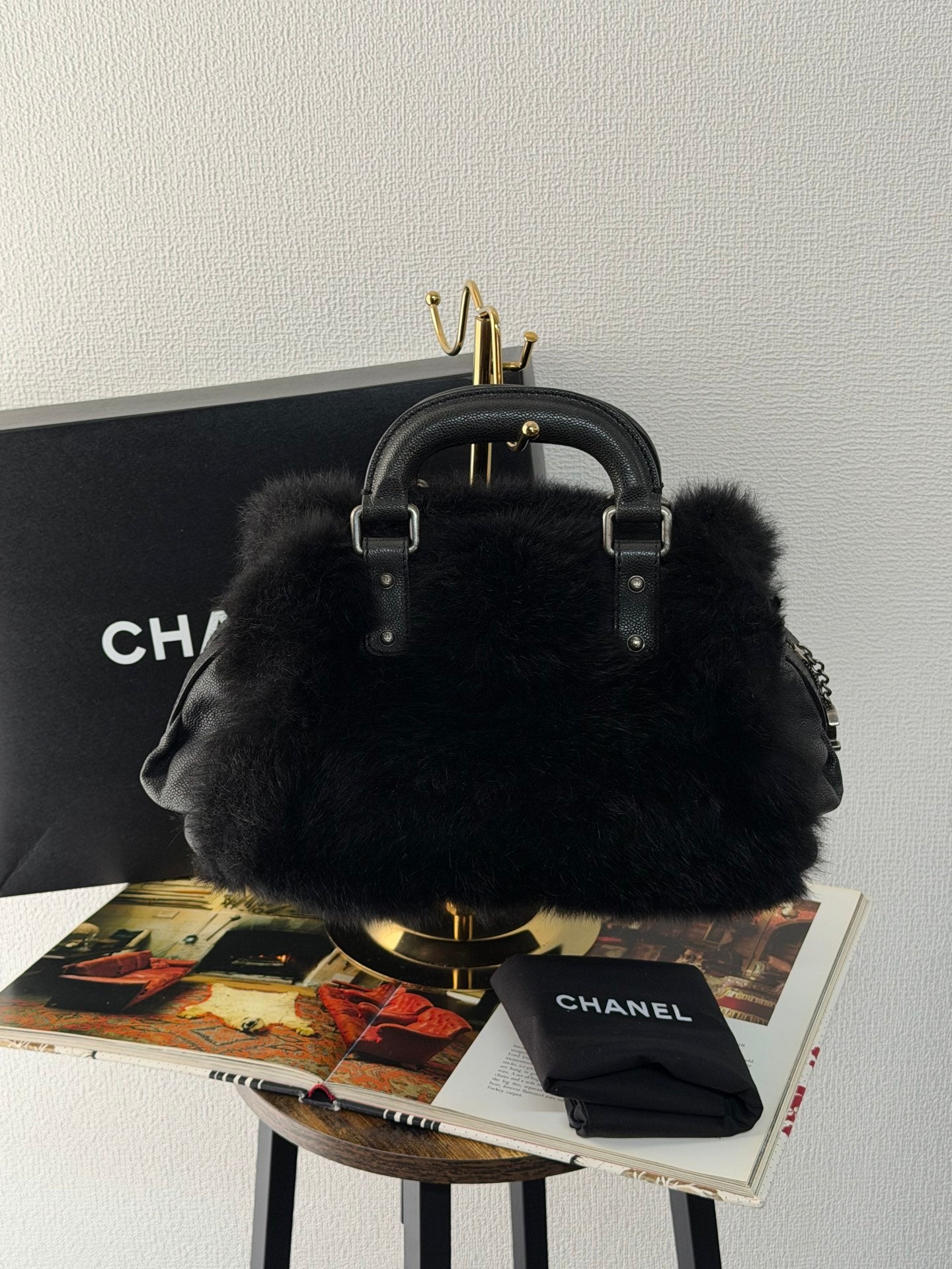 CHANEL Black Silver Fur Handbag