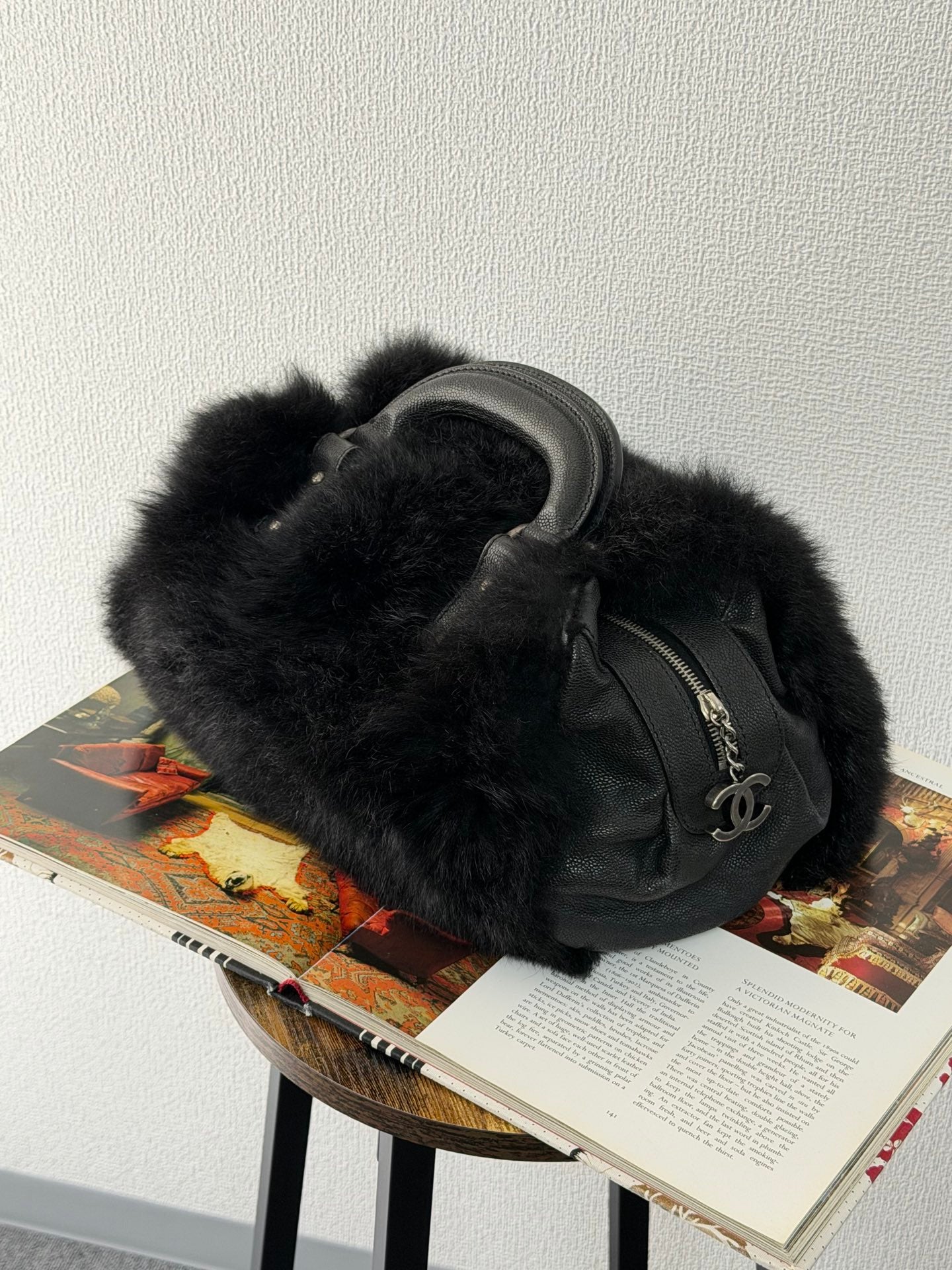 CHANEL Black Silver Fur Handbag