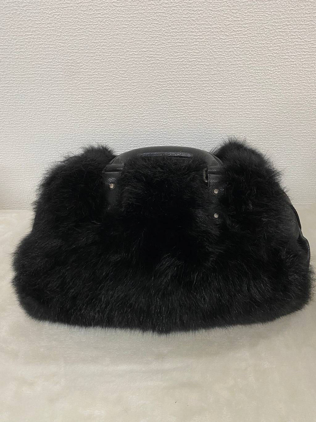 CHANEL Black Silver Fur Handbag