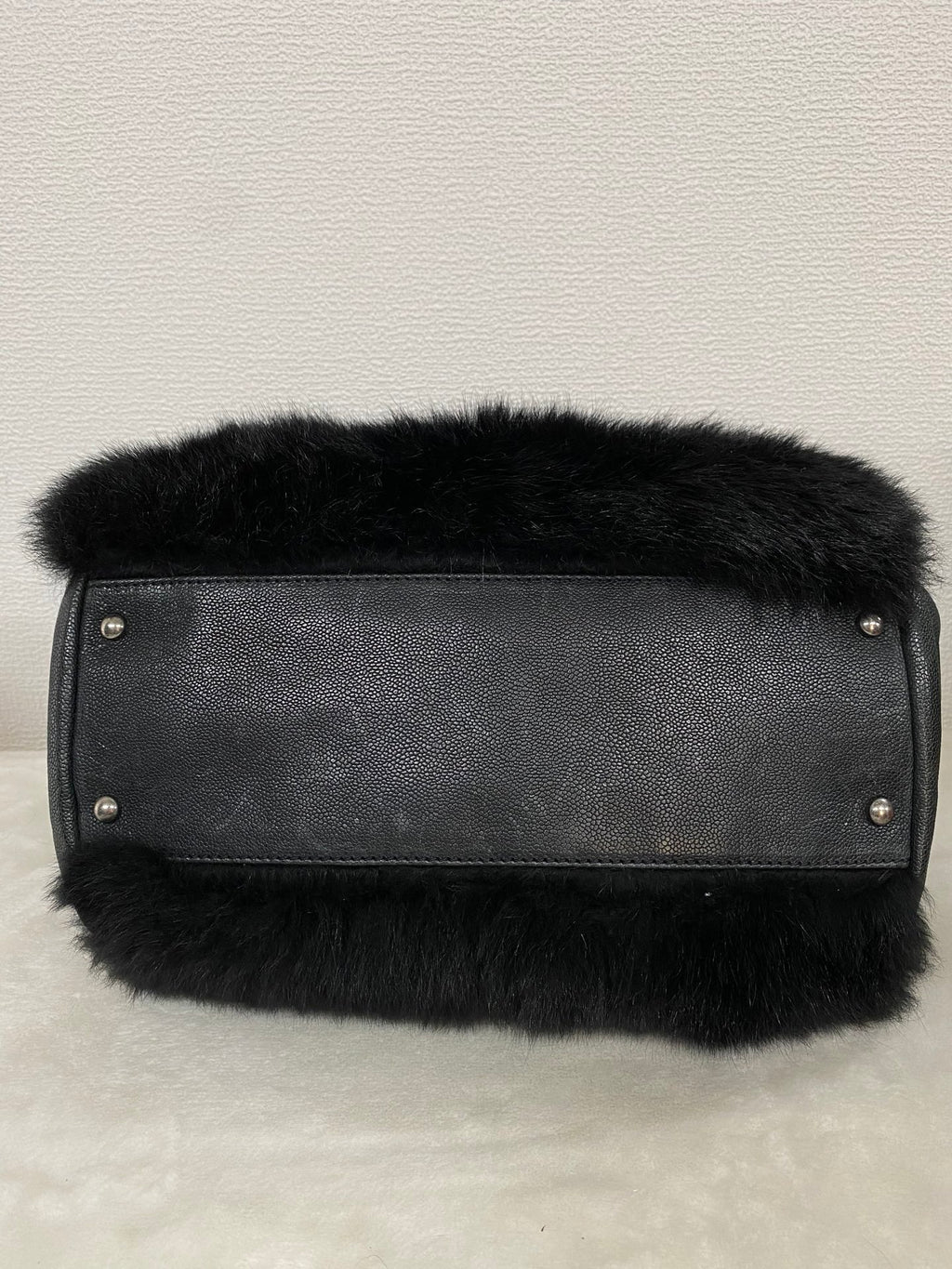 CHANEL Black Silver Fur Handbag