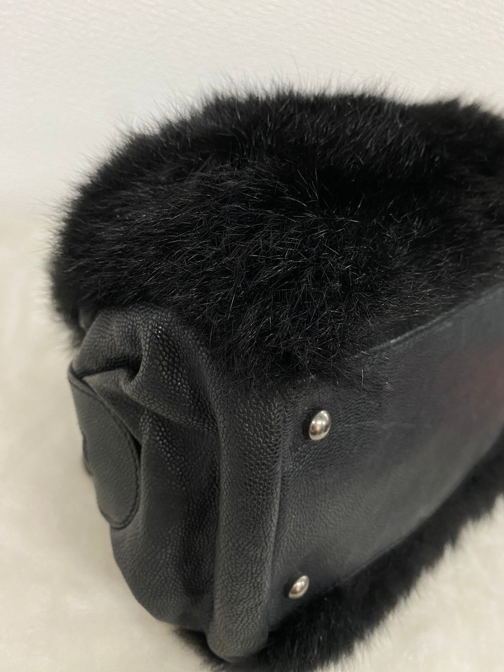 CHANEL Black Silver Fur Handbag