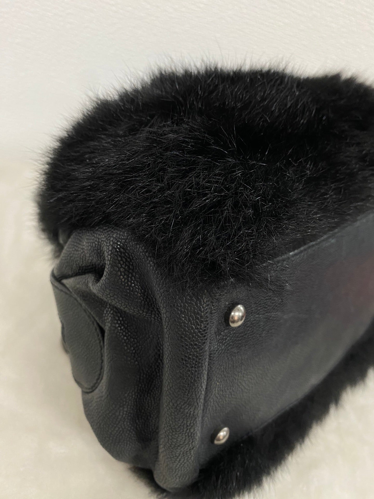 CHANEL Black Silver Fur Handbag