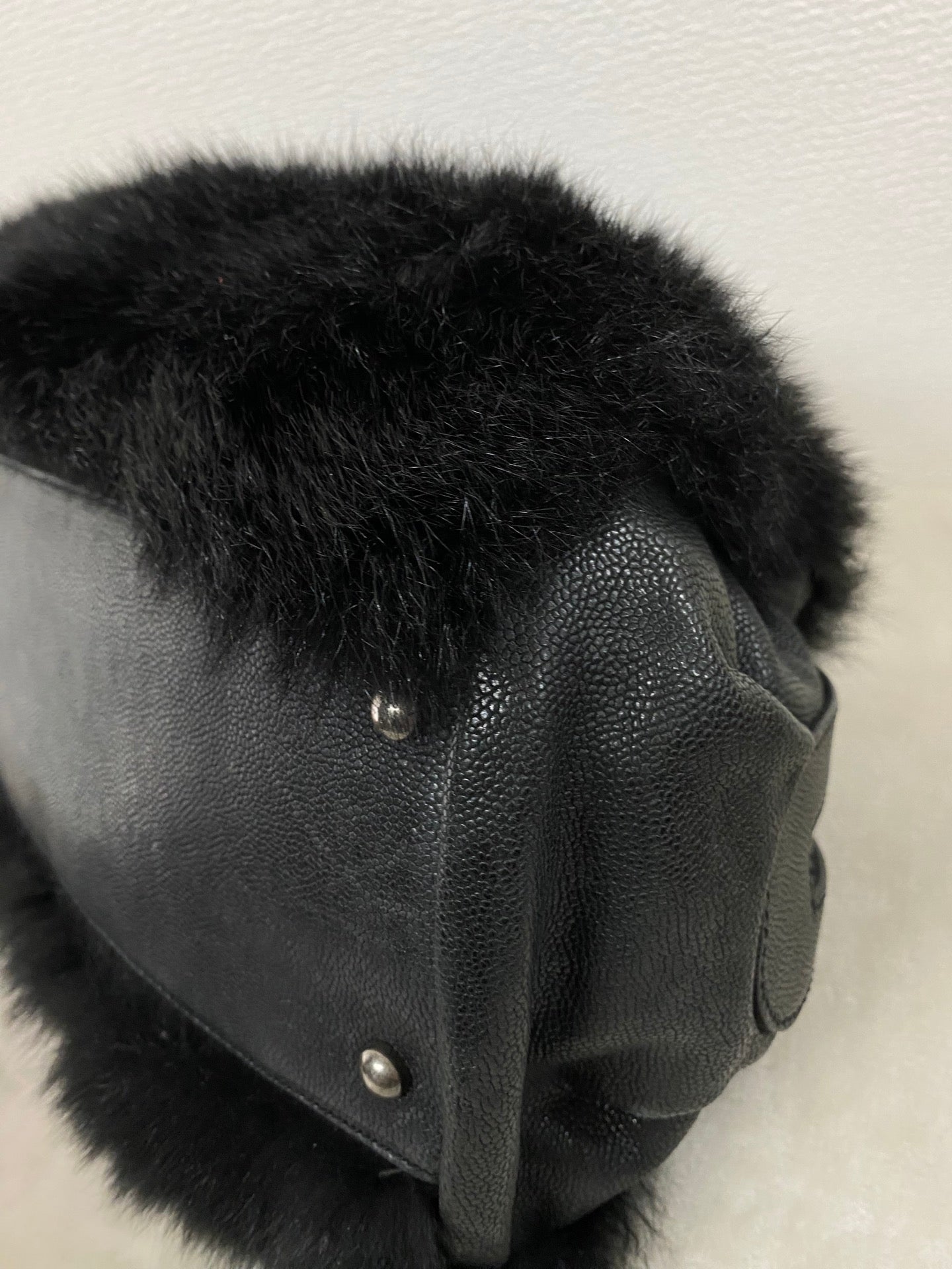 CHANEL Black Silver Fur Handbag
