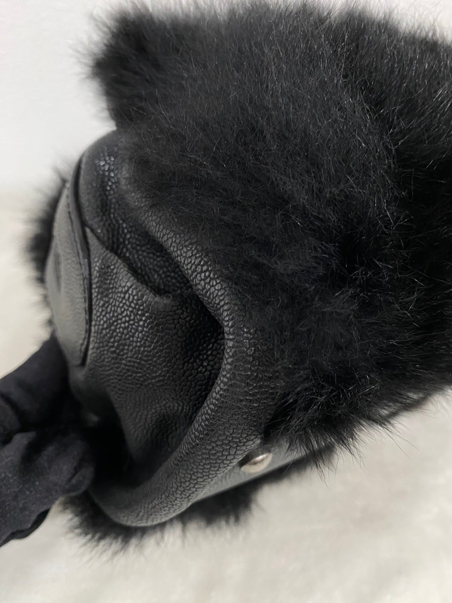 CHANEL Black Silver Fur Handbag