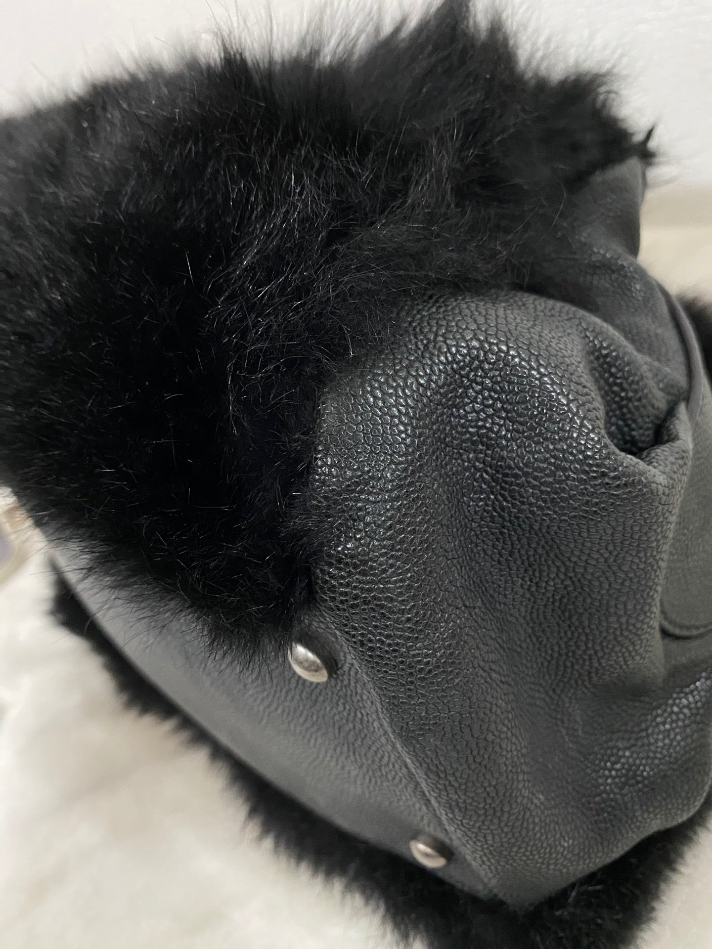 CHANEL Black Silver Fur Handbag