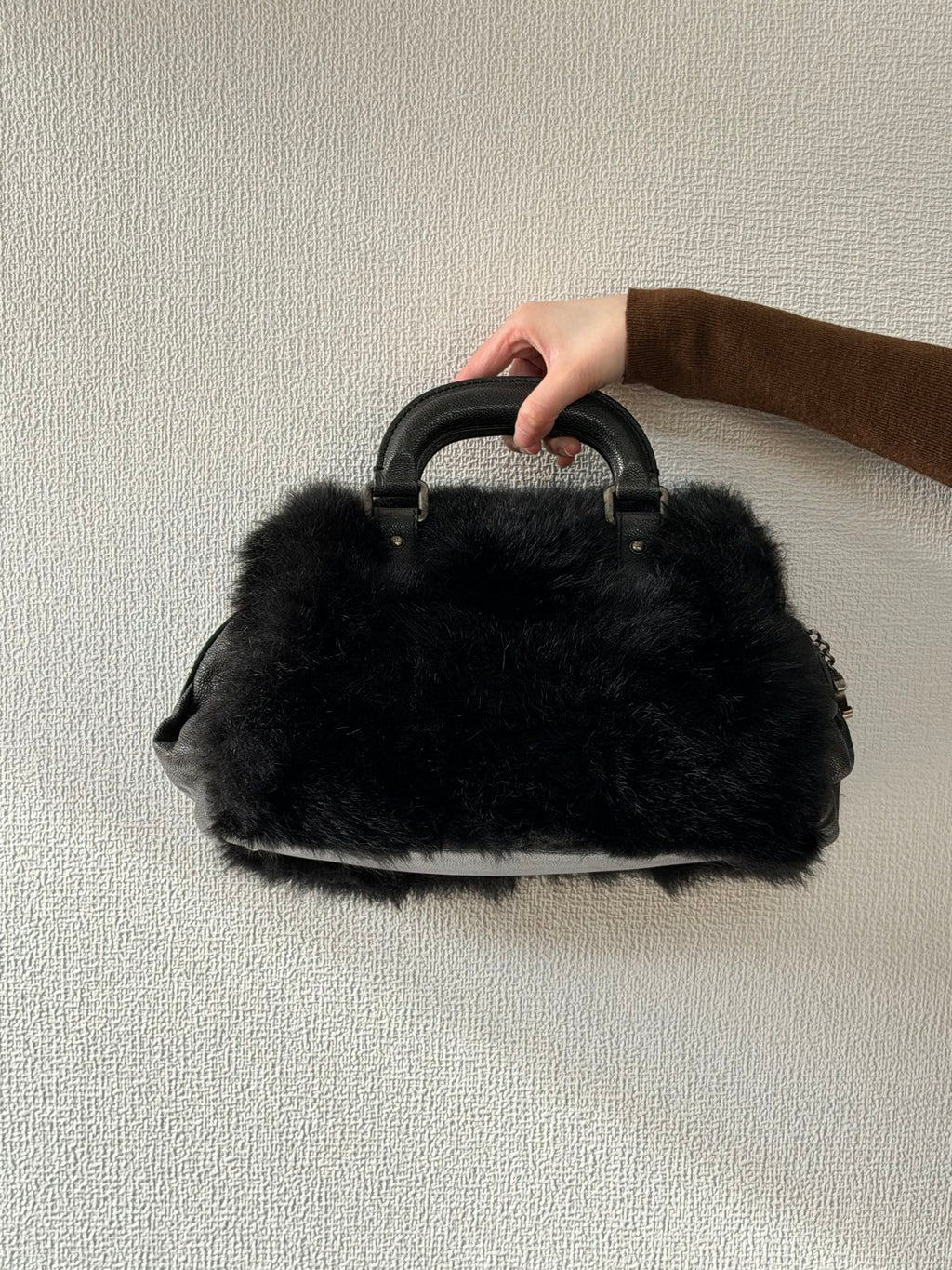 CHANEL Black Silver Fur Handbag