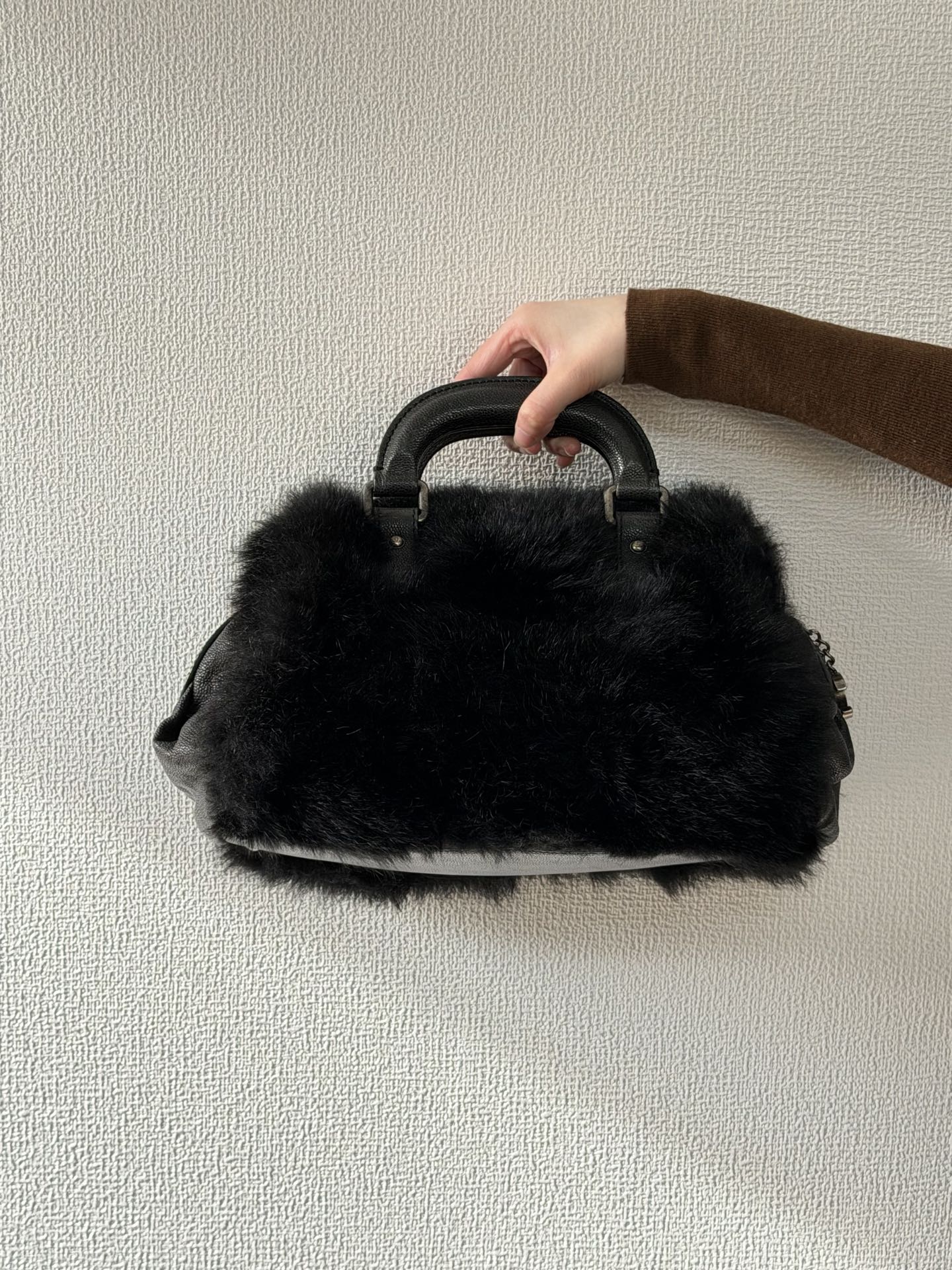 CHANEL Black Silver Fur Handbag
