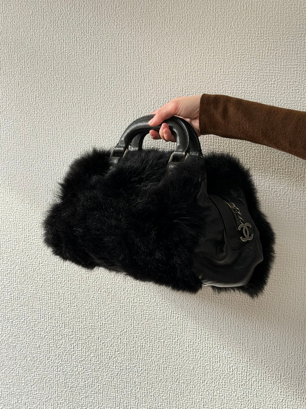 CHANEL Black Silver Fur Handbag