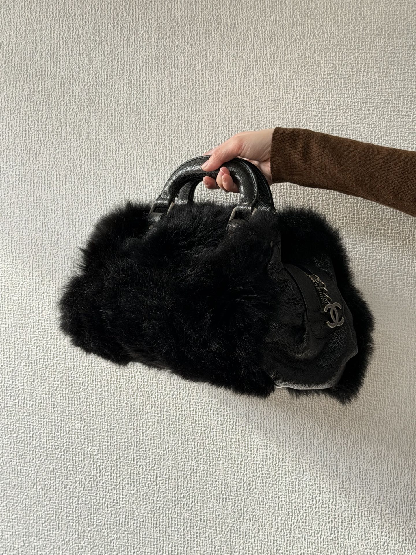 CHANEL Black Silver Fur Handbag